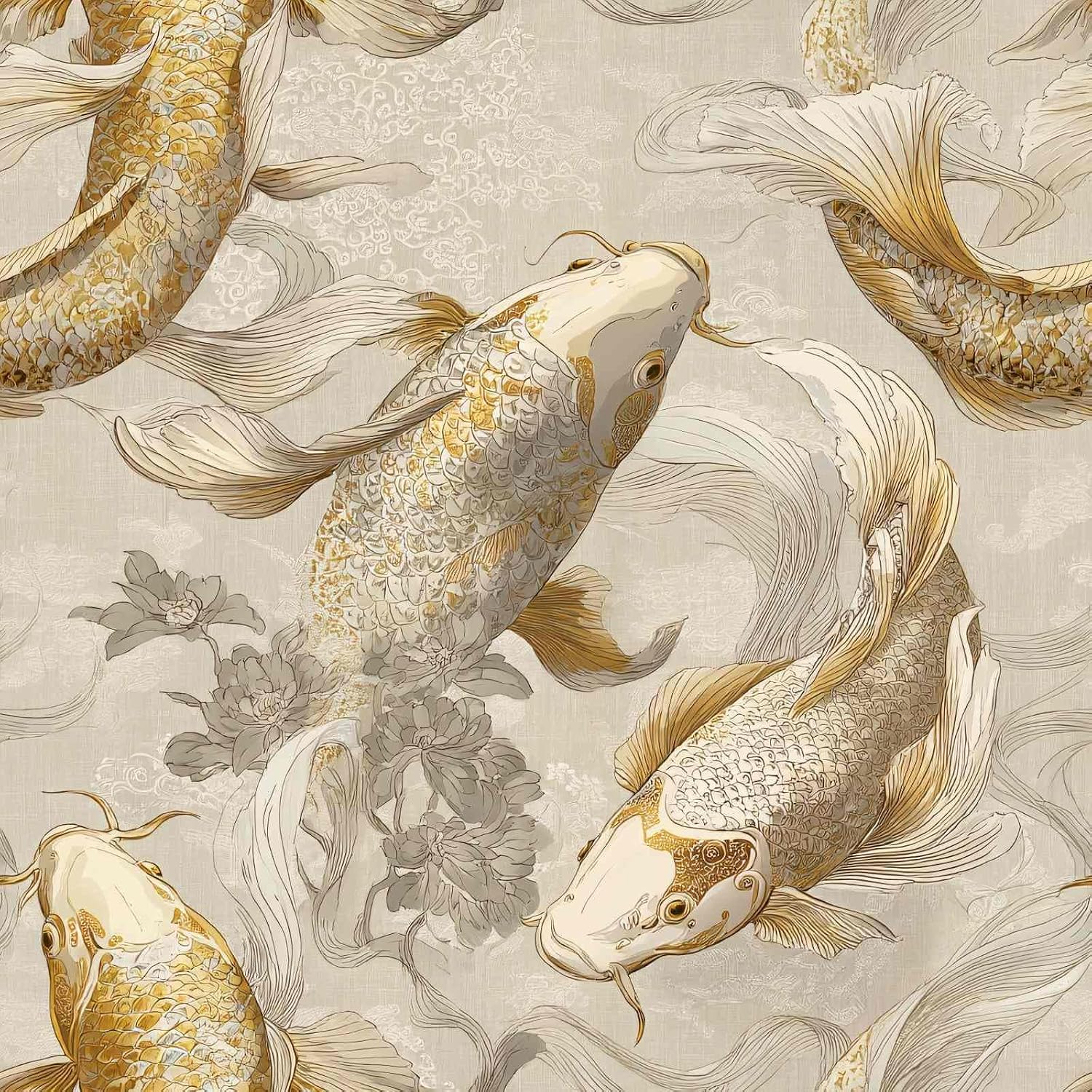Luxurious Chinoiserie Gilded Koi Fish Lotus Pattern Peel and Stick Wallpaper Easy Peel Off Contact Paper Stick on Adhesive Wall Paper for Bathroom Waterproof Renter Friendly