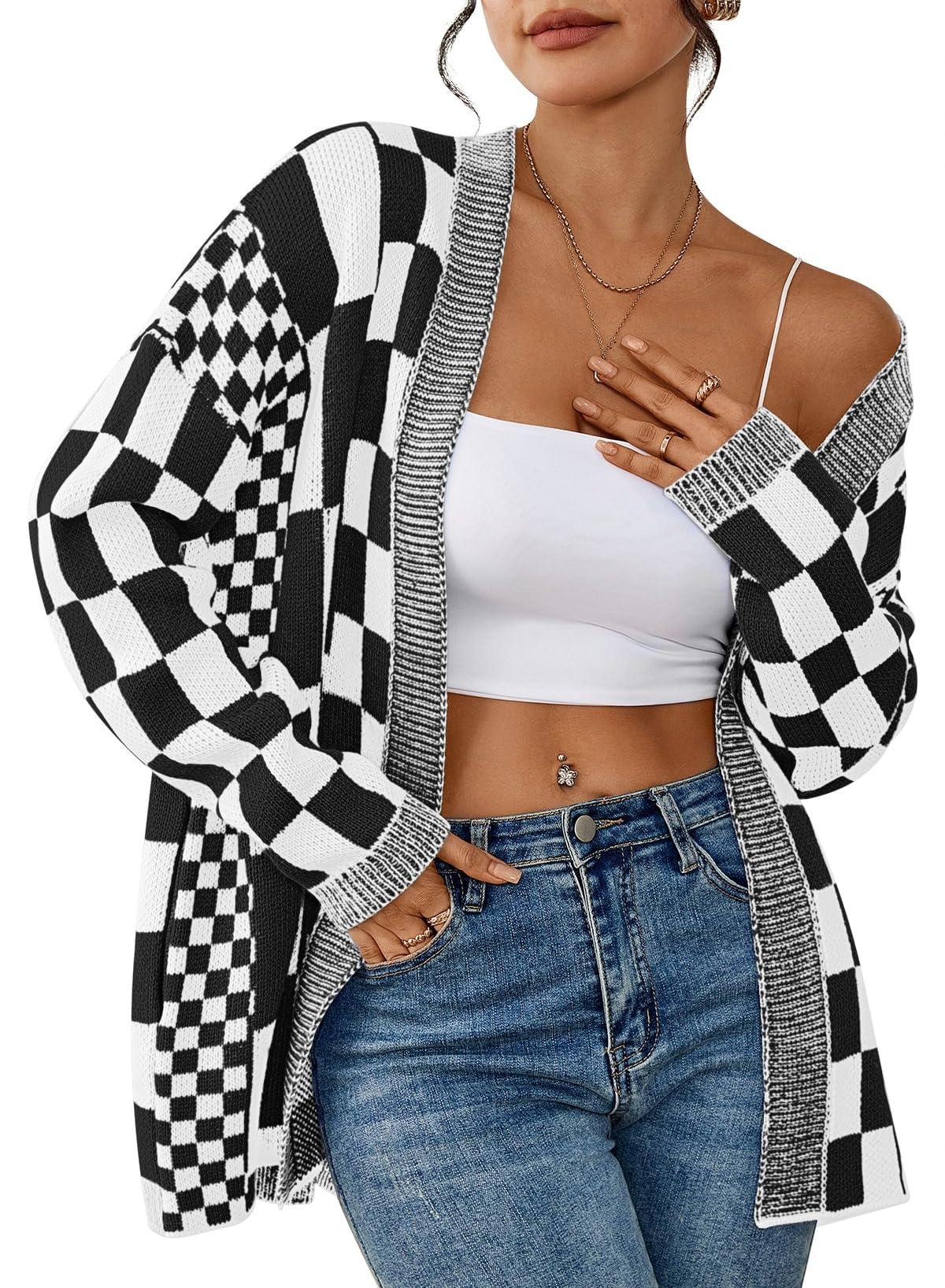 Pink Queen 2025 Checkered Cardigan Sweaters for Women Casual Long Sleeve Plaid Knit Outwear Coats with Pockets