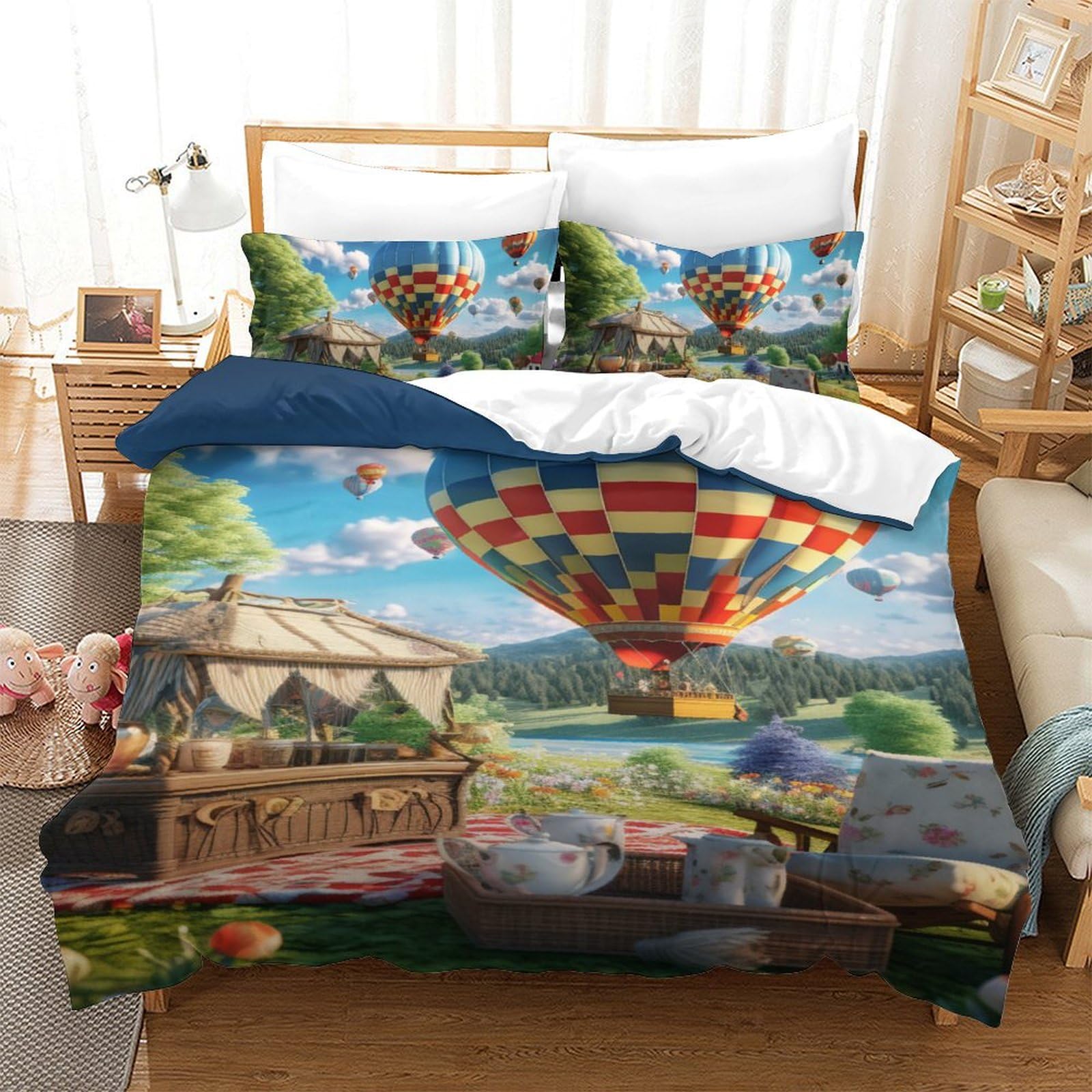 Housse de couette montgolfière 3D 140x200cm en microfibre douce avec 2 taies d'oreiller