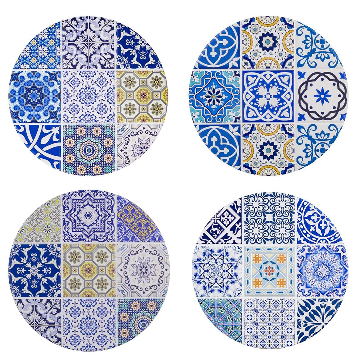 Dessous de Plat Set de 4 Rond en Céramique Design Carreau de Ciment Rétro Vintage Bleu