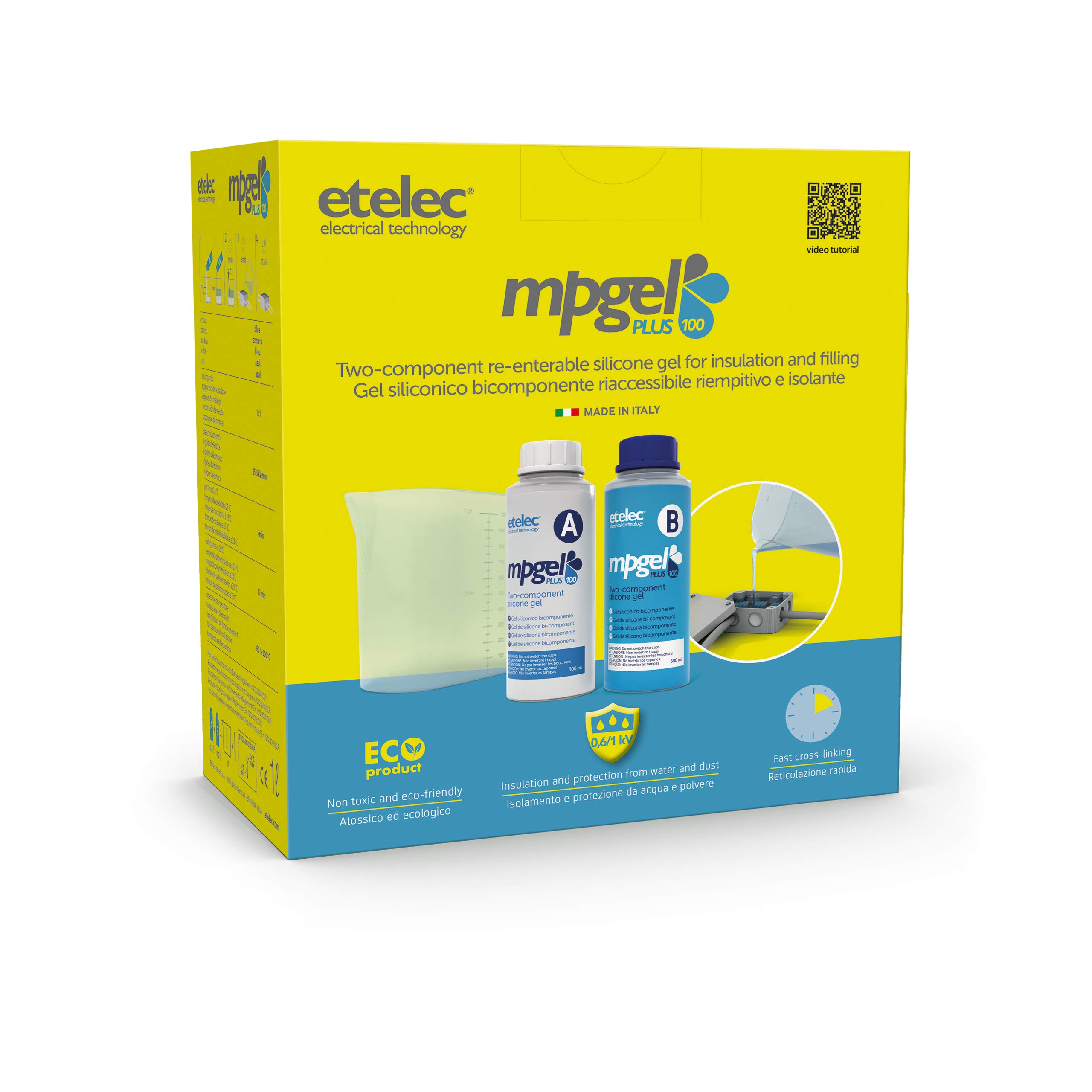 Kit MPGEL 1 Litro, Gel Isolante Siliconico Bicomponente, Riempimenti Sigillature Scatole Cassette Derivazione Fino1 kV, Confezione 2 Flaconi 500 ml + Caraffa
