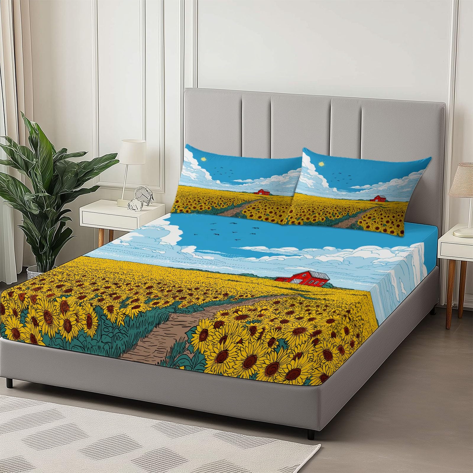 180 x 200 cm Drap Housse Microfibre, Champ Tournesols Dessin Animé Imprimé Parure De Lit Doux Élastique Drap Housse 30 cm Profonde pour Matelas Epais - Convient à Toutes Les Saisons, Jaune Bleu