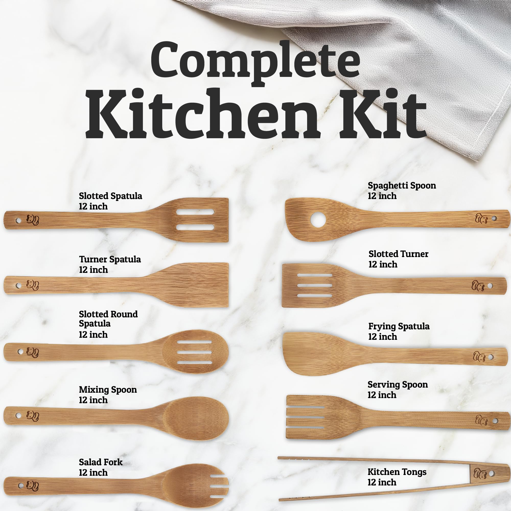 PriorityChef - Cucharas de madera para cocinar, 9 piezas con pinzas, utensilios de cocina de bambú antiarañazos, juego de utensilios de madera no tóxicos, fácil de limpiar, juego de utensilios de