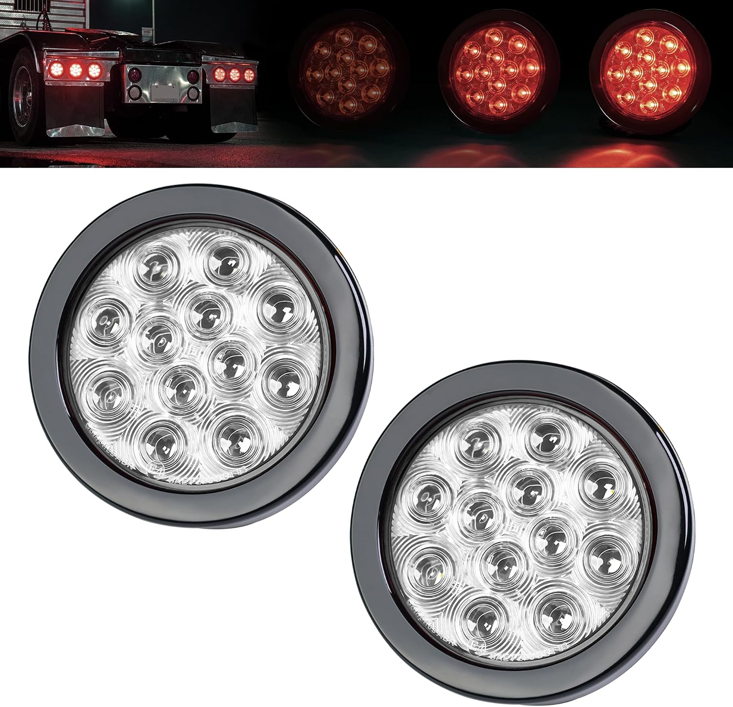 2 Pcs 4" Clear Lens Red LED Round Marker Clearance Tail Light with 3 Modes (Low/High/Strobe) – 12 LED, 4-Wire, Grommet & Prong Plug, 12V DC for Trailer, Truck, Van, RV, Tractor