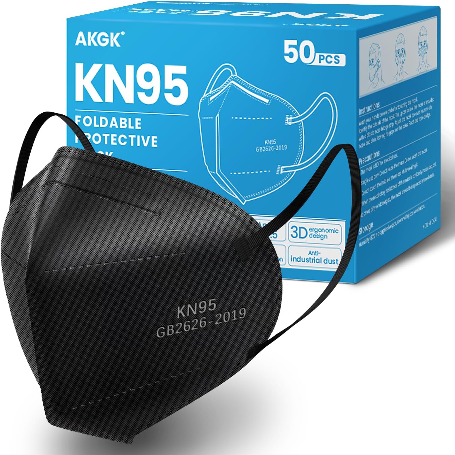akgk KN95 Face Mask 50 PCS, Breathable Protection Masks, 5-Ply KN95 Black Masks, Cup Dust Safety Masks