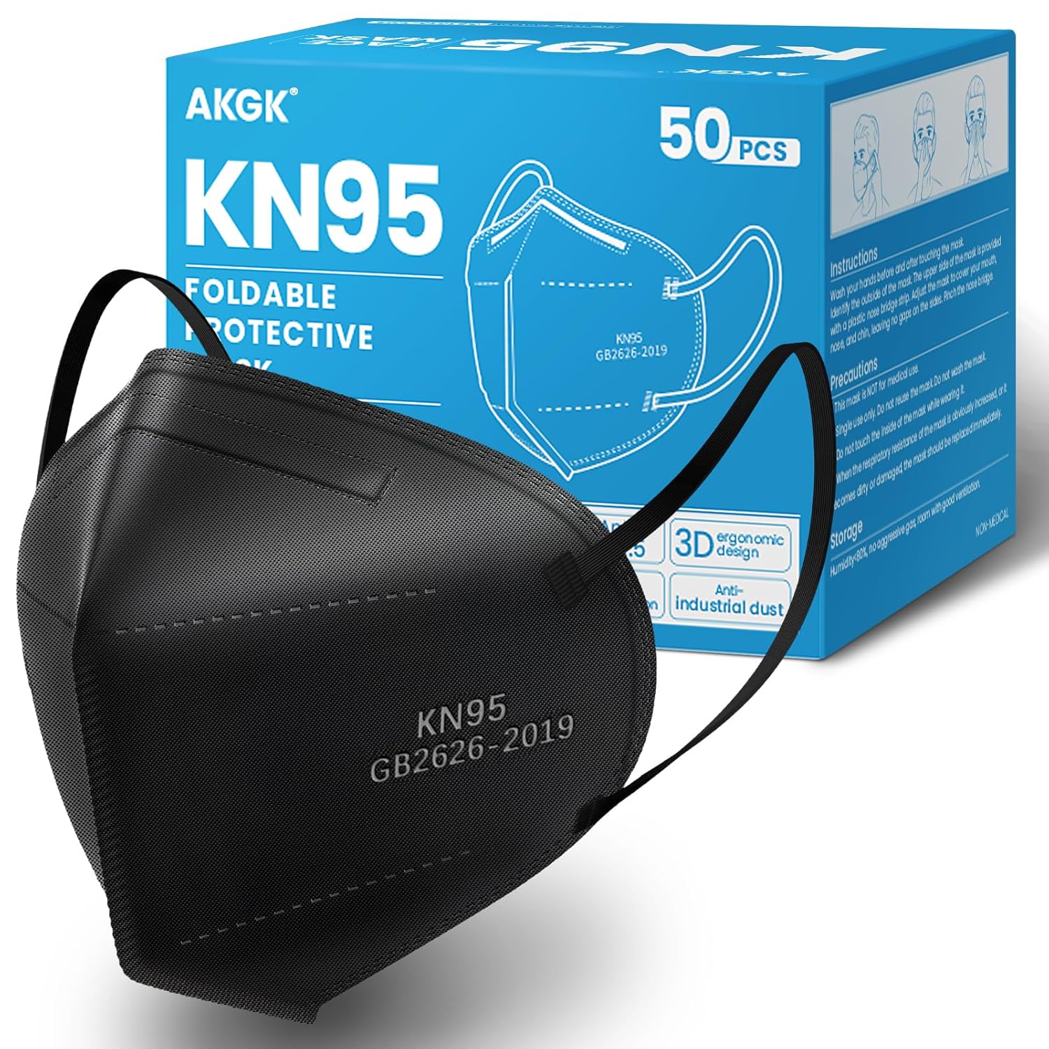 akgk KN95 Face Mask 50 PCS, Breathable Protection Masks, 5-Ply KN95 Black Masks, Cup Dust Safety Masks
