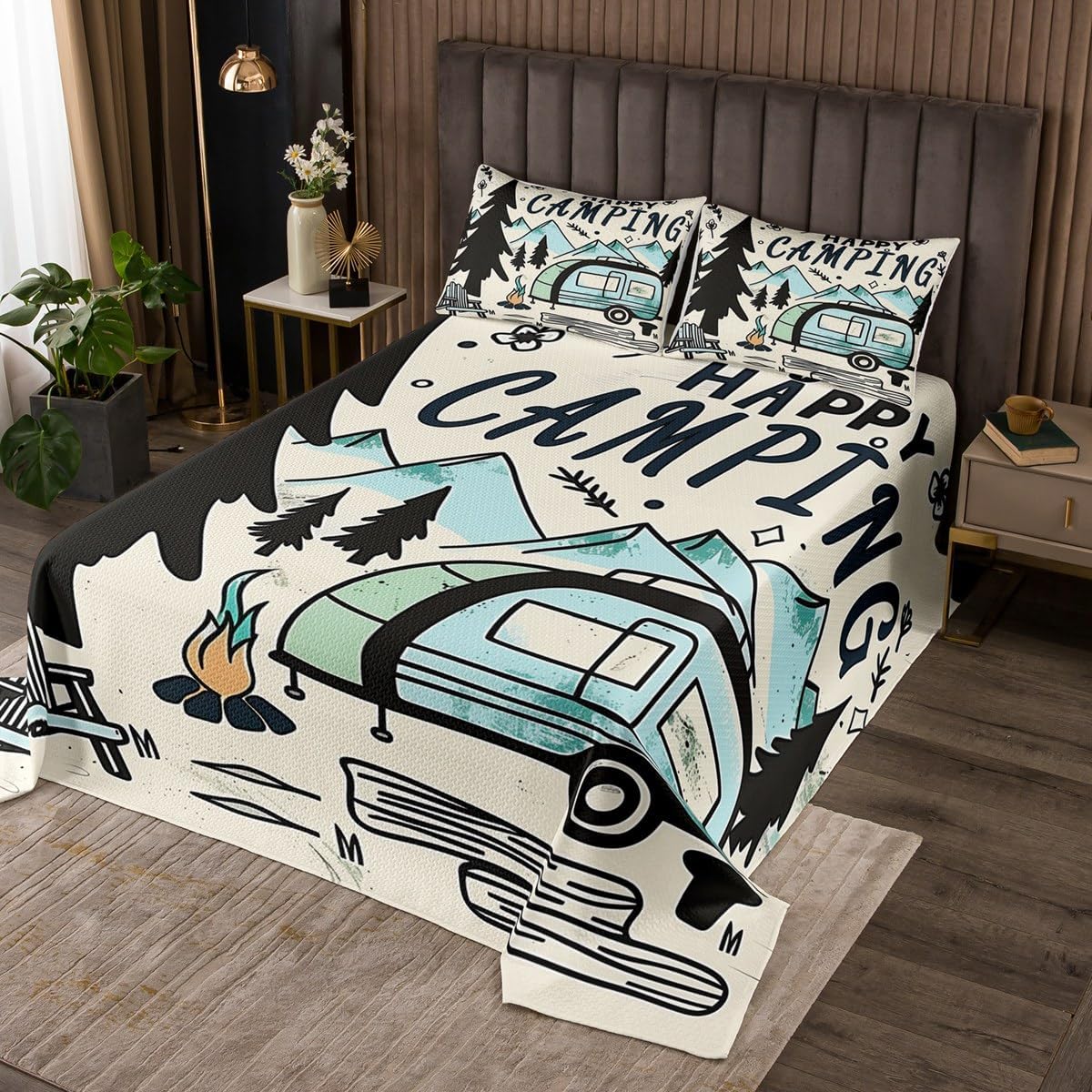 jejeloiu Camping Bedspread Camper Bedspread for Kids Boys Girls Cabin Coverlet Set Camper Travel Car Quilted Bedroom Collection 2Pcs Twin Size