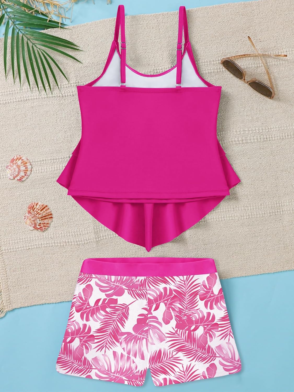 GEMLON Teens Girls Summer Swimsuit Solid Color Padded Adjustable Strap Tankini Shorts Set Girls Ruffled Beach Bathing Suit - Image 5