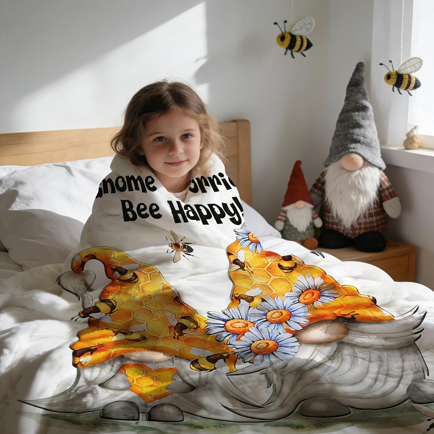 Birthday Gnome Blanket - Gnomes Gifts for Women, Spring Gnome Worries Bee Happy Throw Blanket for Gnome Lover, Mom, Adult, Birthday Valentine's Day Gifts, 60x50 Inch - Image 5