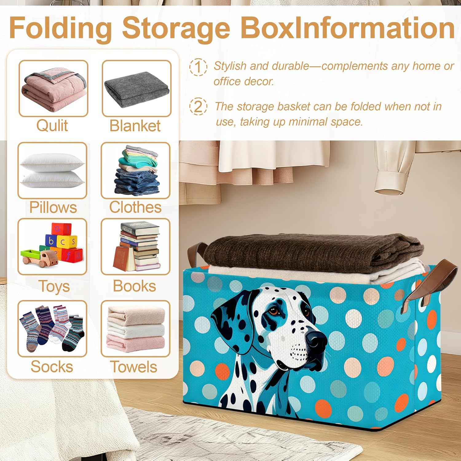 Blue-Spotted Dog Storage Bins with Handles, Oxford Fabric Storage Basket with Sturdy Frame, Foldable Closet Organizer for Clothes Towels Blankets Shelf Storage
