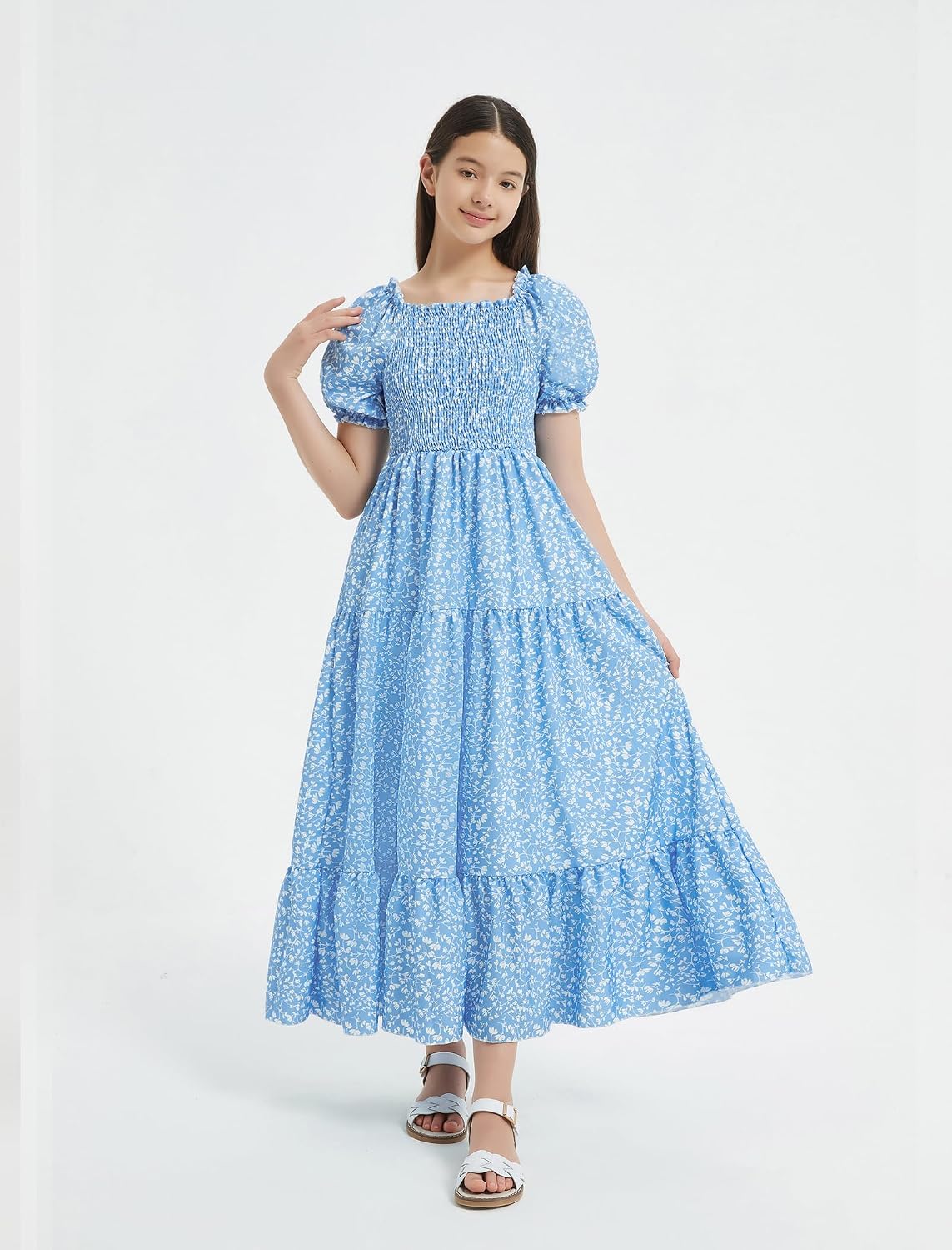EXARUS Girls Maxi Long Smocked Dress Swiss Dot/Floral Teen Summer Dresses A-line Beach Casual Vacation Sundress