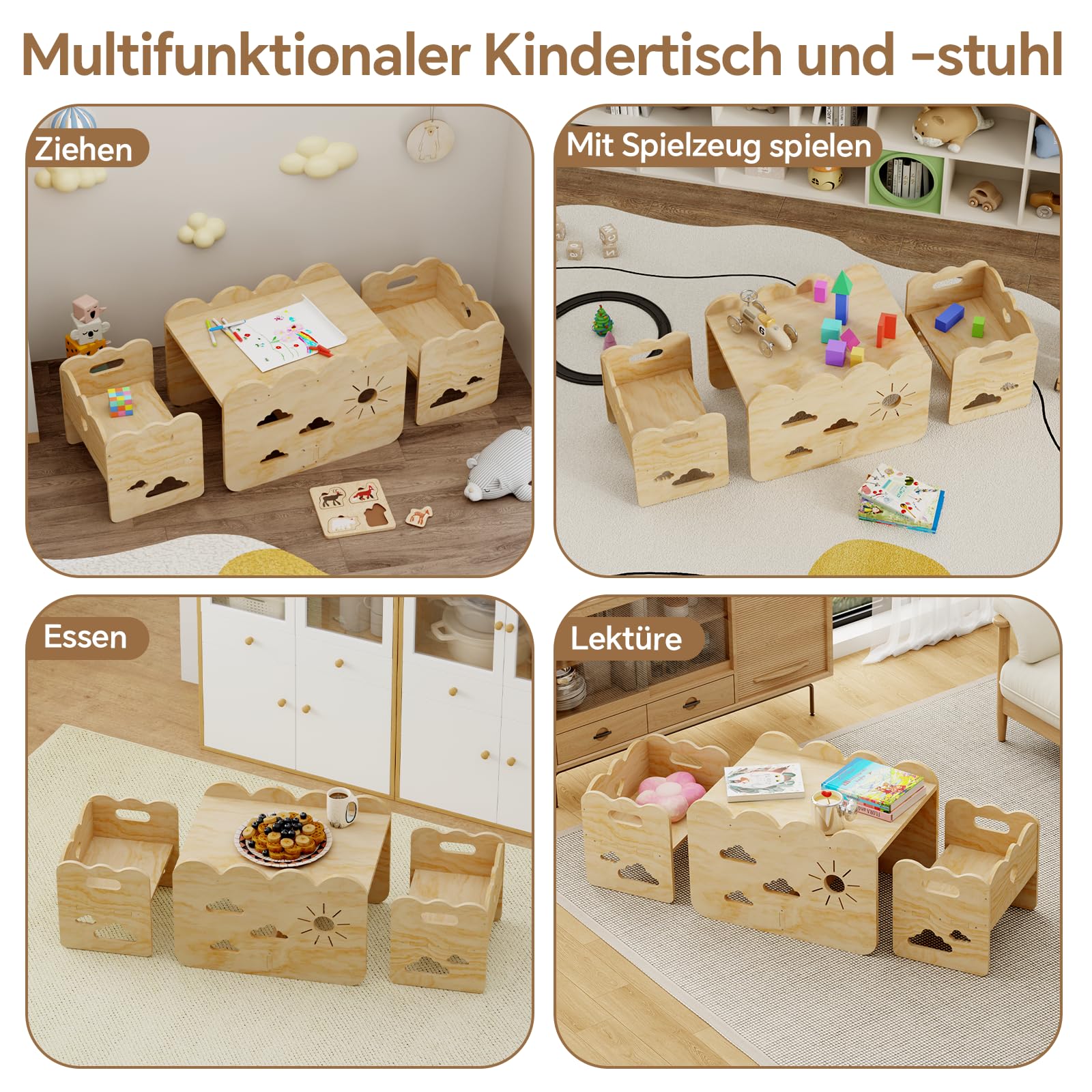 Kindertisch-Set mit 2 Stühlen aus Holz – Montessori-Tisch und -Stühle, Montessori-Möbel, Kindertisch-Stuhl-Set，ideale Montessori-Möbel für Mahlzeiten, Lernen und Spielen
