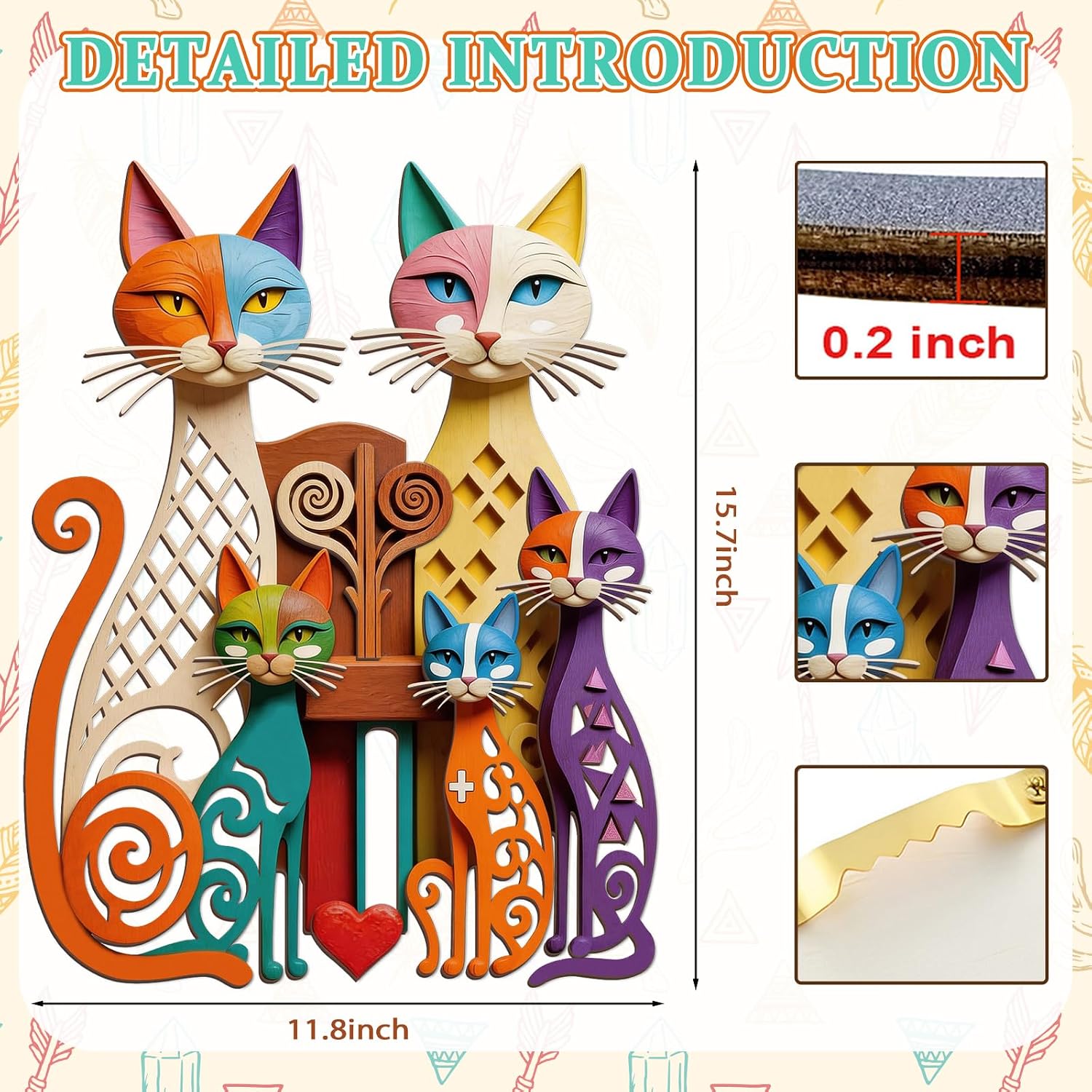 Kercan Colorful Wooden Cat Wall Art, Cute Boho Cat Wall Decor, Double Layer Abstract Cat Sculpture, Modern Wall Hanging for Living Room Bedroom, Cat Lover Gift image 3