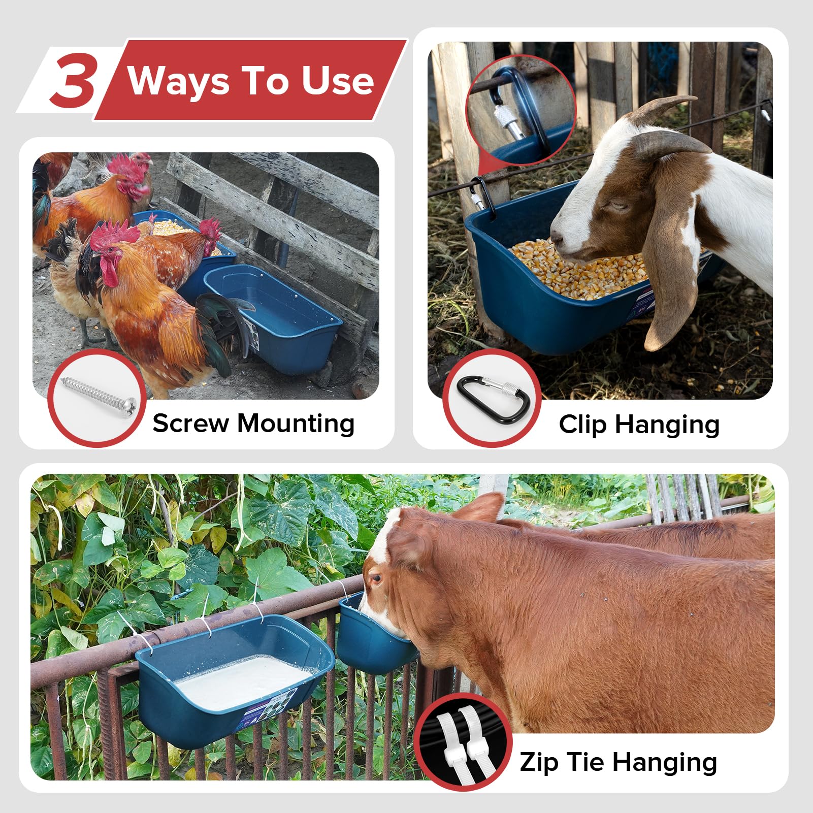 Goovilla Comedero Grande, comedero de Valla Colgante o atornillado con Clips, Paquete de 2 Suministros de alimentación de Cabras de 9 Cuartos de galón, para Perros, Caballos, Cerdos, Ganado, Aves de
