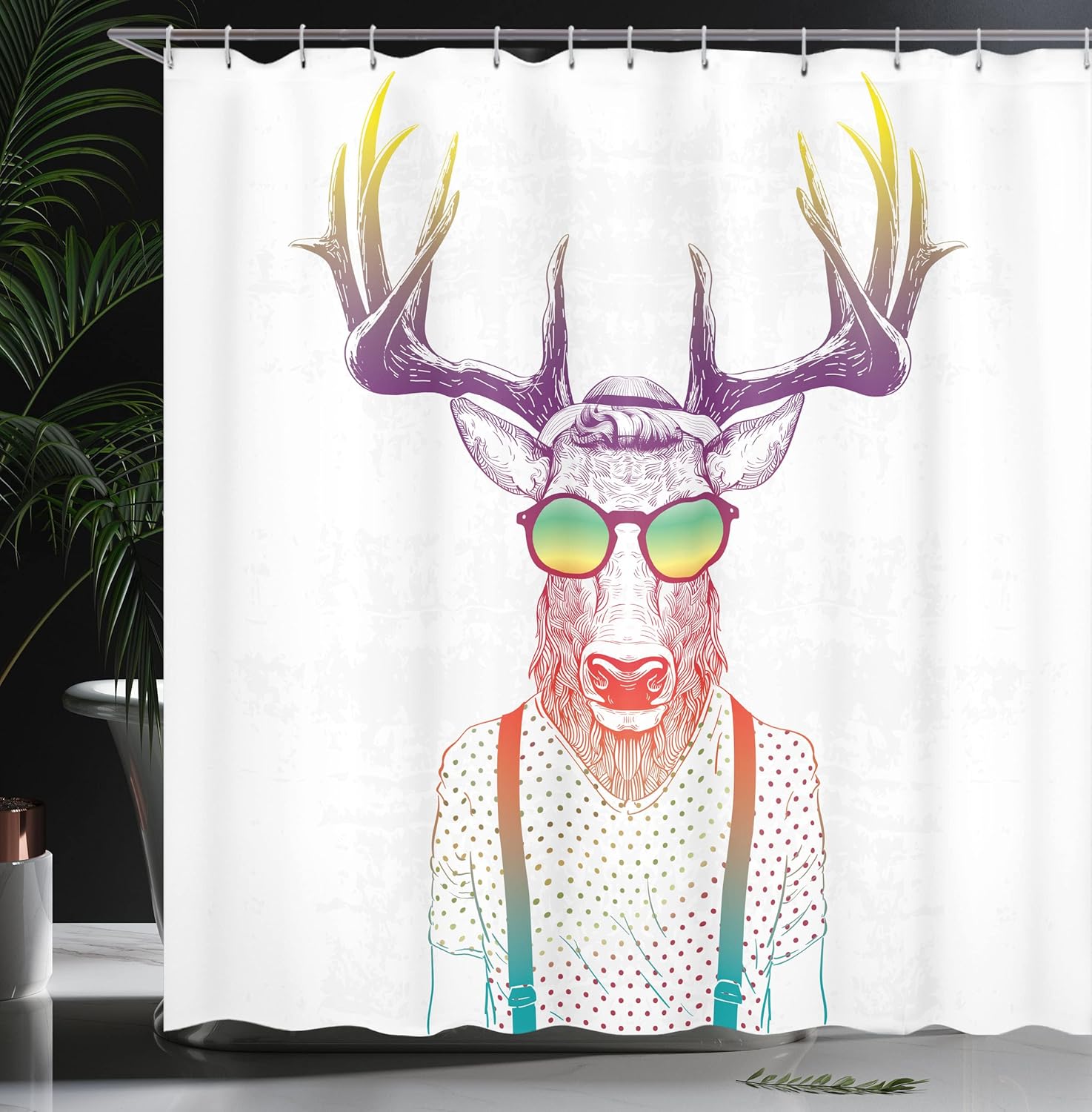 Ambesonne Antlers Shower Curtain, Illustration of Deer Dressed up Like Cool Hipster Fashion Creative Fun Animal, Cloth Fabric Bathroom Decor Set with Hooks, 69" W x 70" L, Purple Orange