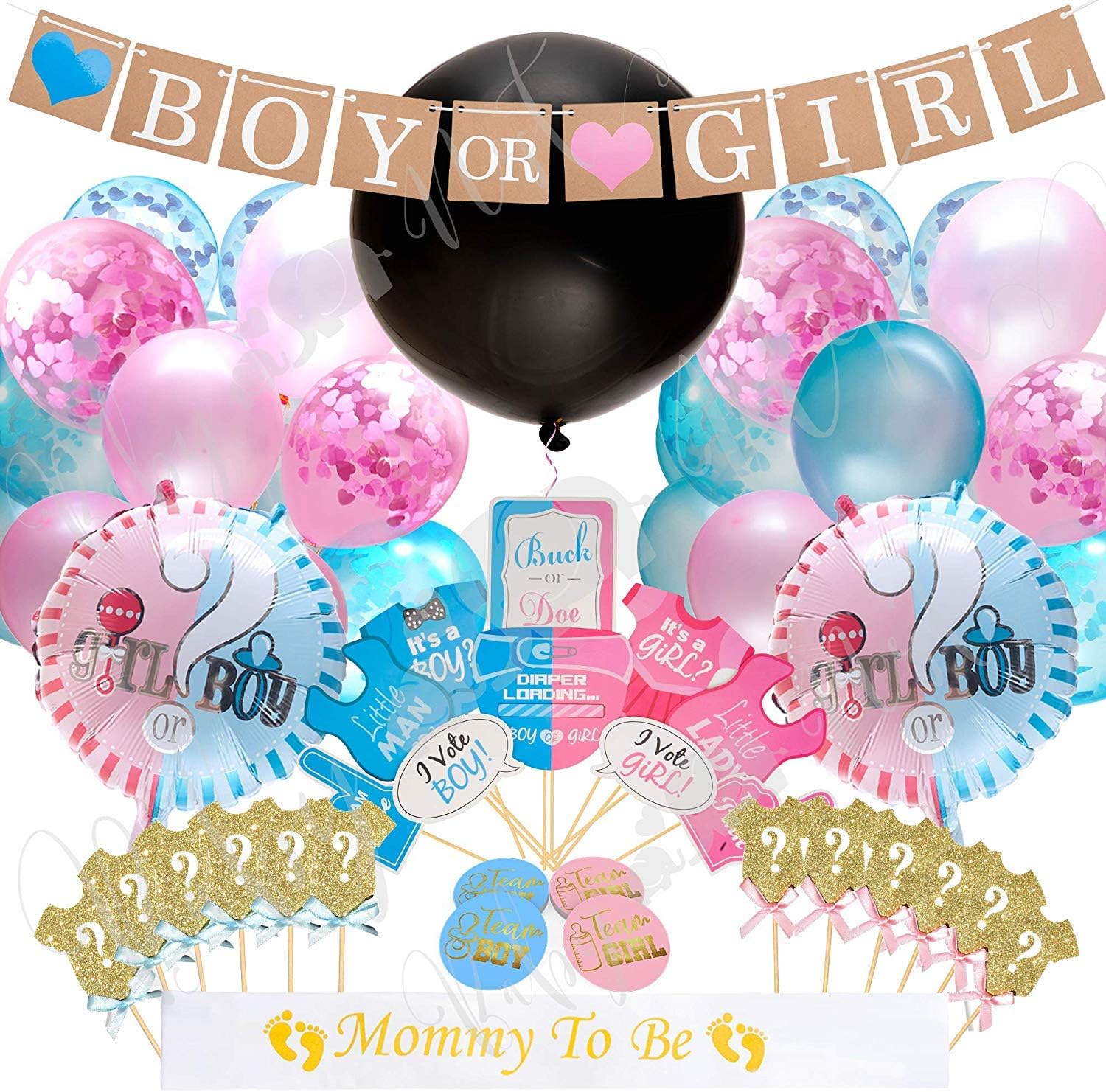 Gender Reveal Decorations - 103Pcs Gender Reveal Party Supplies with 36 Inch Reveal Balloon, Boy or Girl Banner, Foil and Confetti Balloons, Photo Props, Cupcake Toppers, Stickers