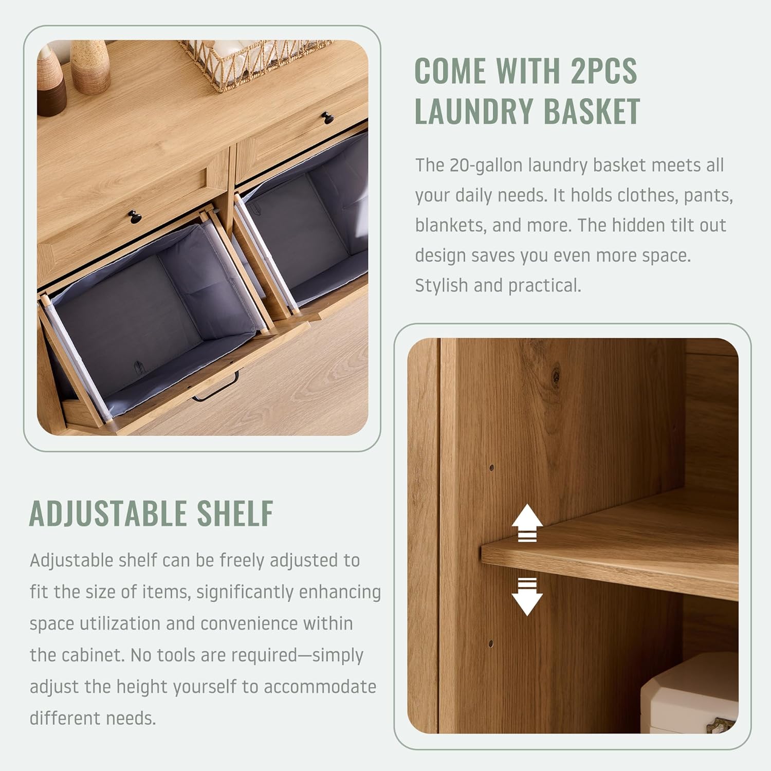 Triple Tilt Out Laundry Hamper Cabinet, 20 Gallon Farmhouse Trash Can Cabinet w/Drawer & Adjustable Shelf, Hidden Garbage Can Bin Cabinets w/Laundry Basket for Bathroom, Kitchen (Natural)