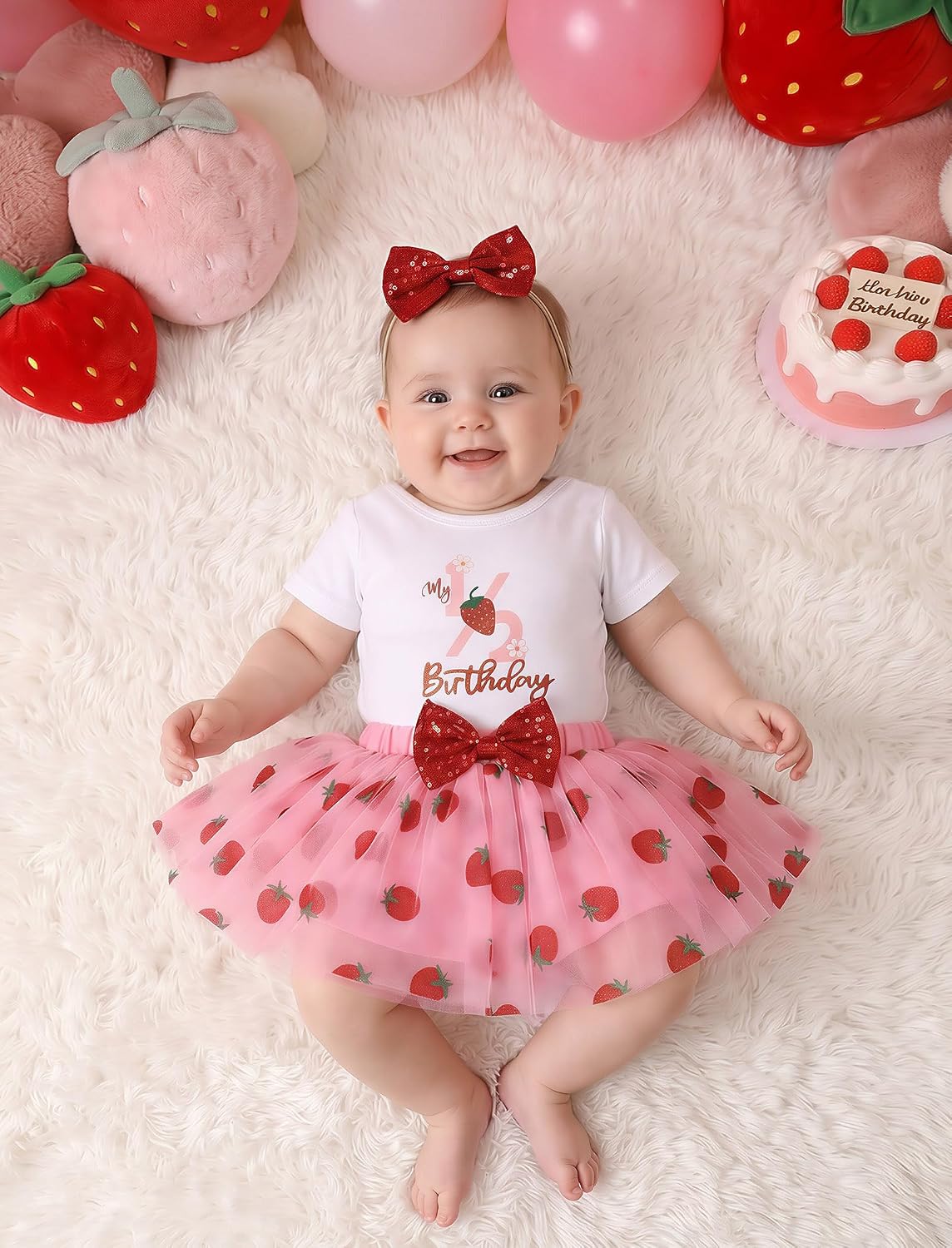 ODASDO Baby Girls Strawberry 1/2 1st 2nd Birthday Cake Smash Outfit, Romper Berry Tutu Skirt Headband Set 3pcs