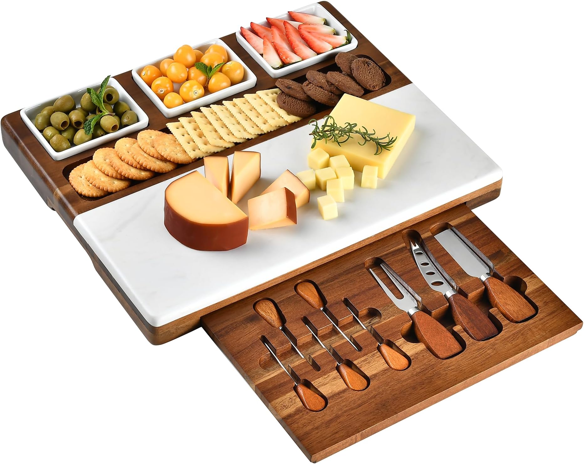 Shanik Marble & Acacia Wood Cheese Board Set – Includes 3 Ceramic Bowls, Stainless Steel Cutlery – Charcuterie Platter Gift for Entertaining