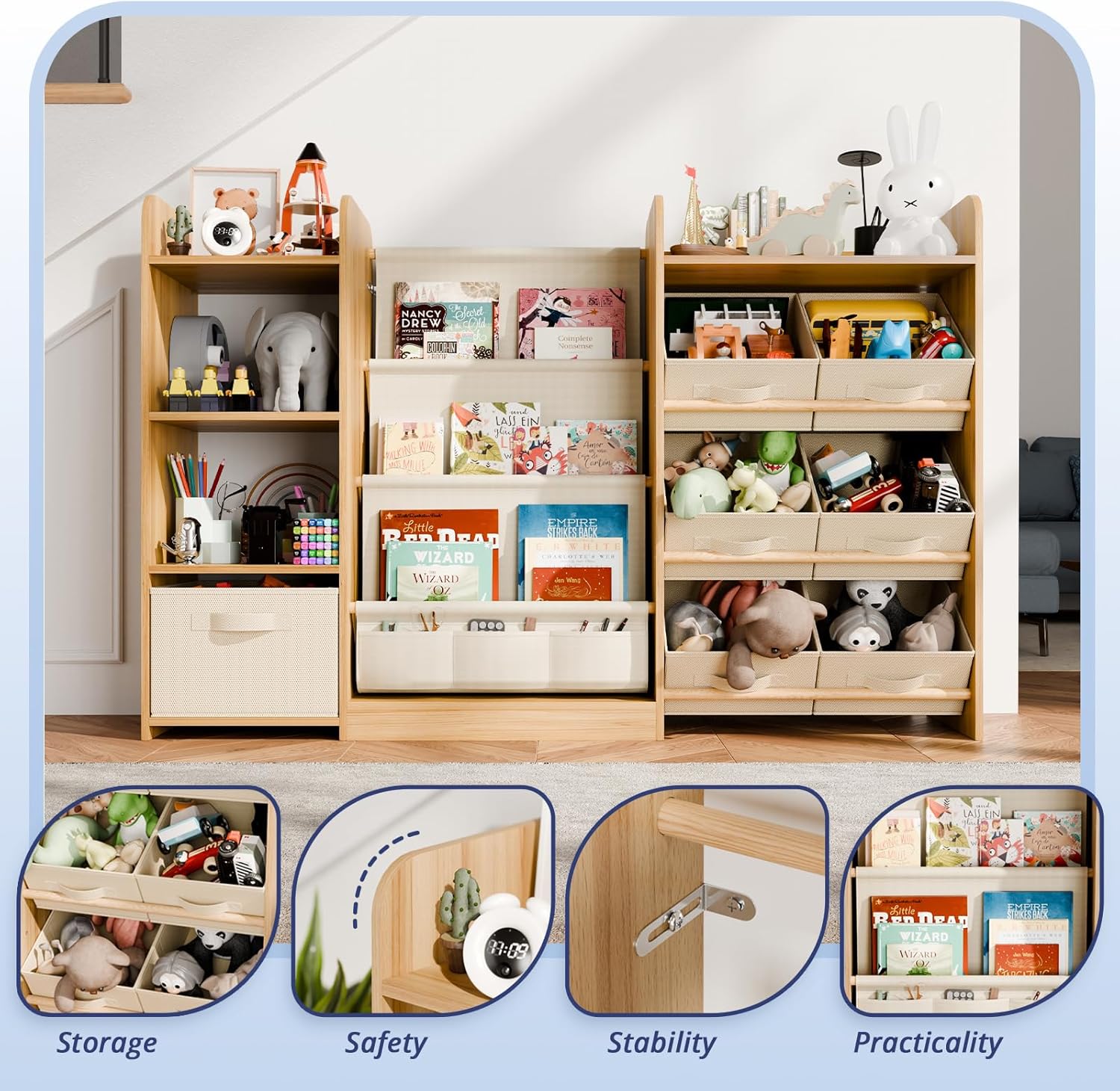 Kids Toy Book Storage Organizer - Large Bookshelf with 7 Removable Bins, Baby Bookshelf and Toy Storage, 4-Tier Book Shelf for Kids Room, Playroom, Classroom, 51 inch, Burlywood - Image 4