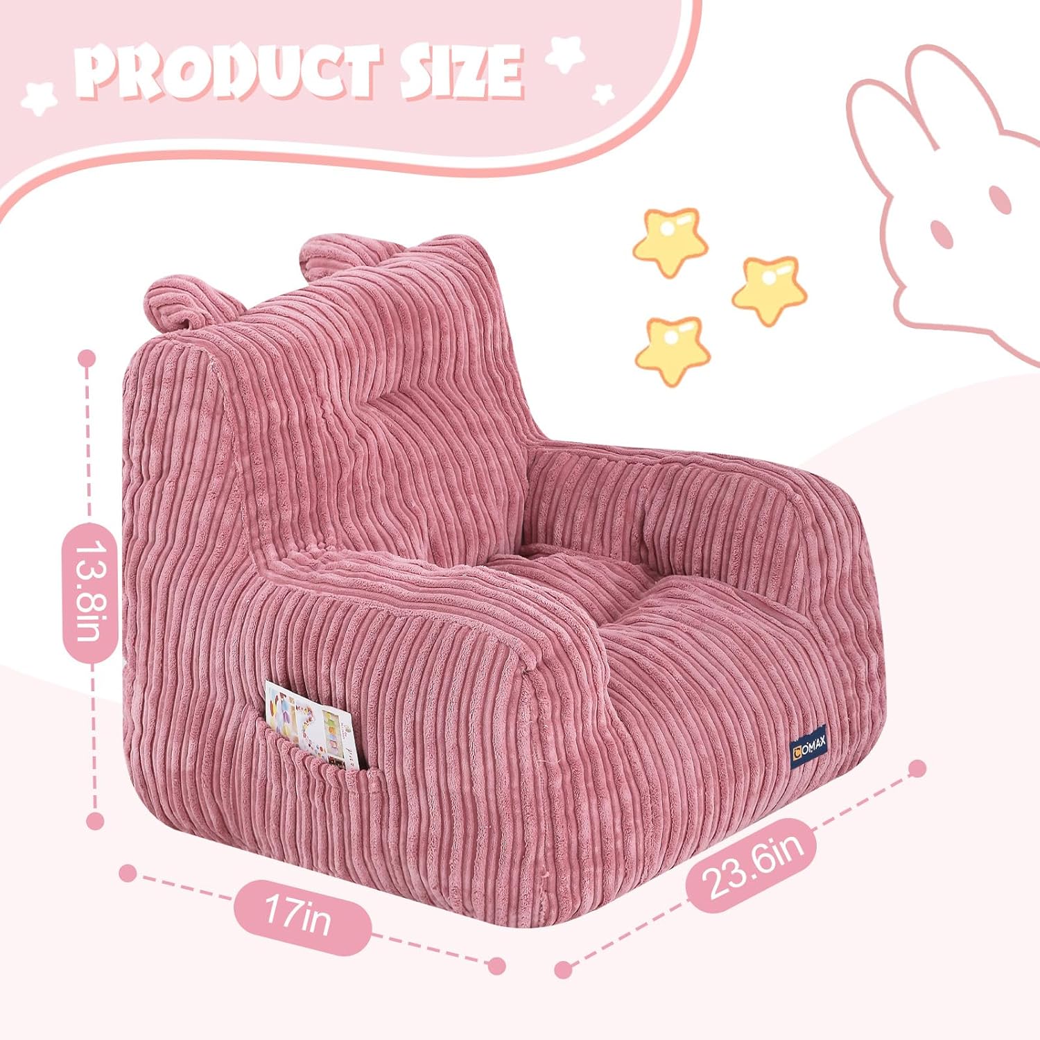 COMAX Bean Bag Chair for Kids, Kid Beanbag Chair Cute, Toddler Lazy Chair with Shredded Foam Filling, Stuffed Floor Sofa Couch with Pocket for Boys and Girls, Pink