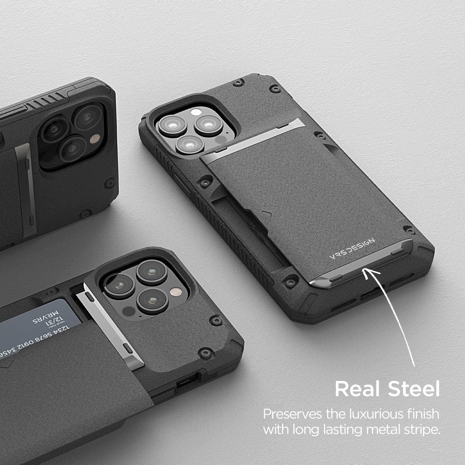 VRS DESIGN Damda Glide Pro, Sturdy Semi Auto Wallet [4 Cards] Case Compatible for iPhone 13 Pro Case (2021) (Sand Stone)