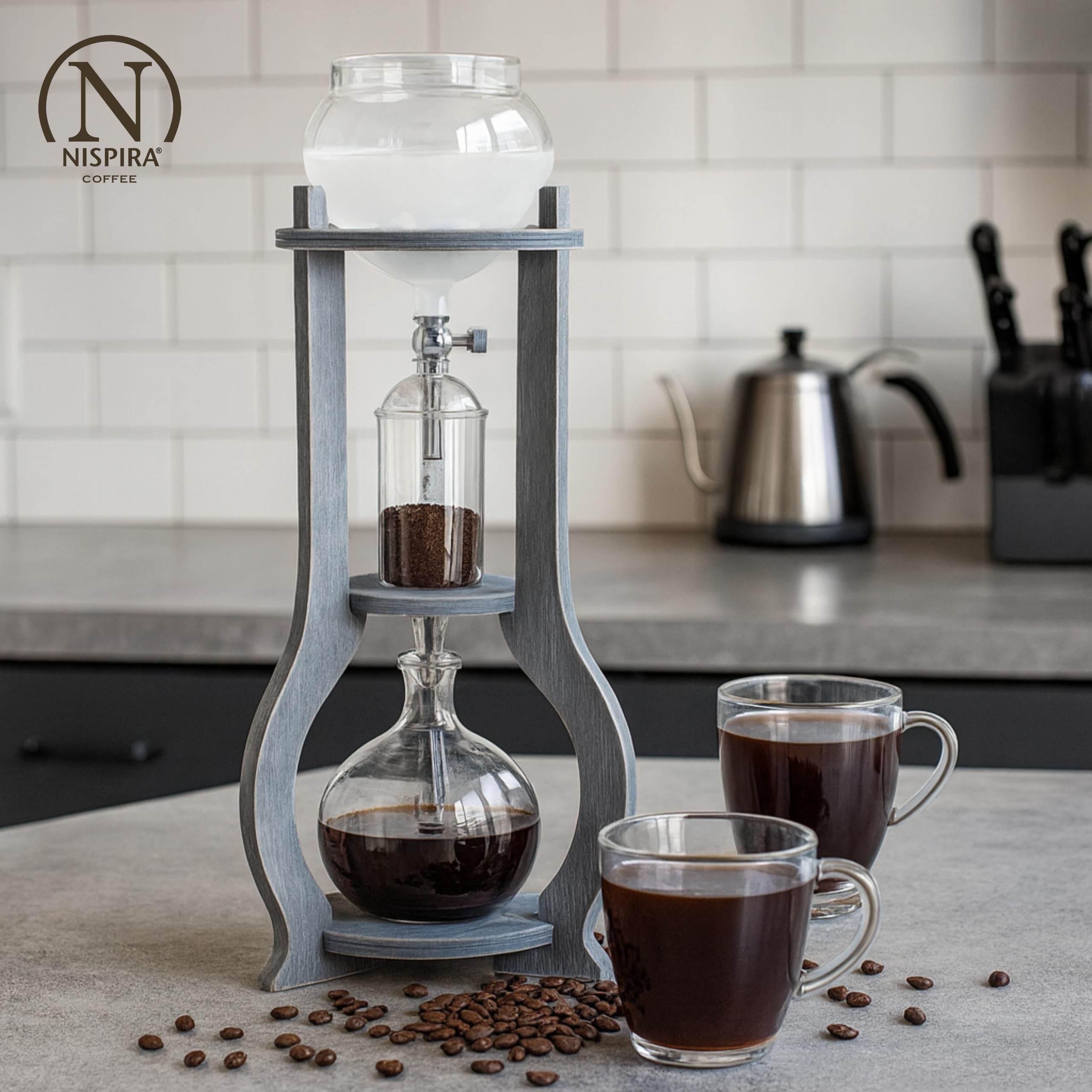 Nispira Eiskaffee Cold Brew Drip Tower Kaffeemaschine aus Holz, 6-8 Tassen, Grau