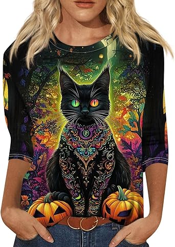 Cute Funny Halloween Shirts for Women Plus Size 3/4 Length Long Sleeve Womens Tops Witch Gothic Renaissance Shirt