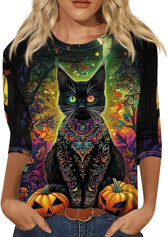 Cute Funny Halloween Shirts for Women Plus Size 3/4 Length Long Sleeve Womens Tops Witch Gothic Renaissance Shirt