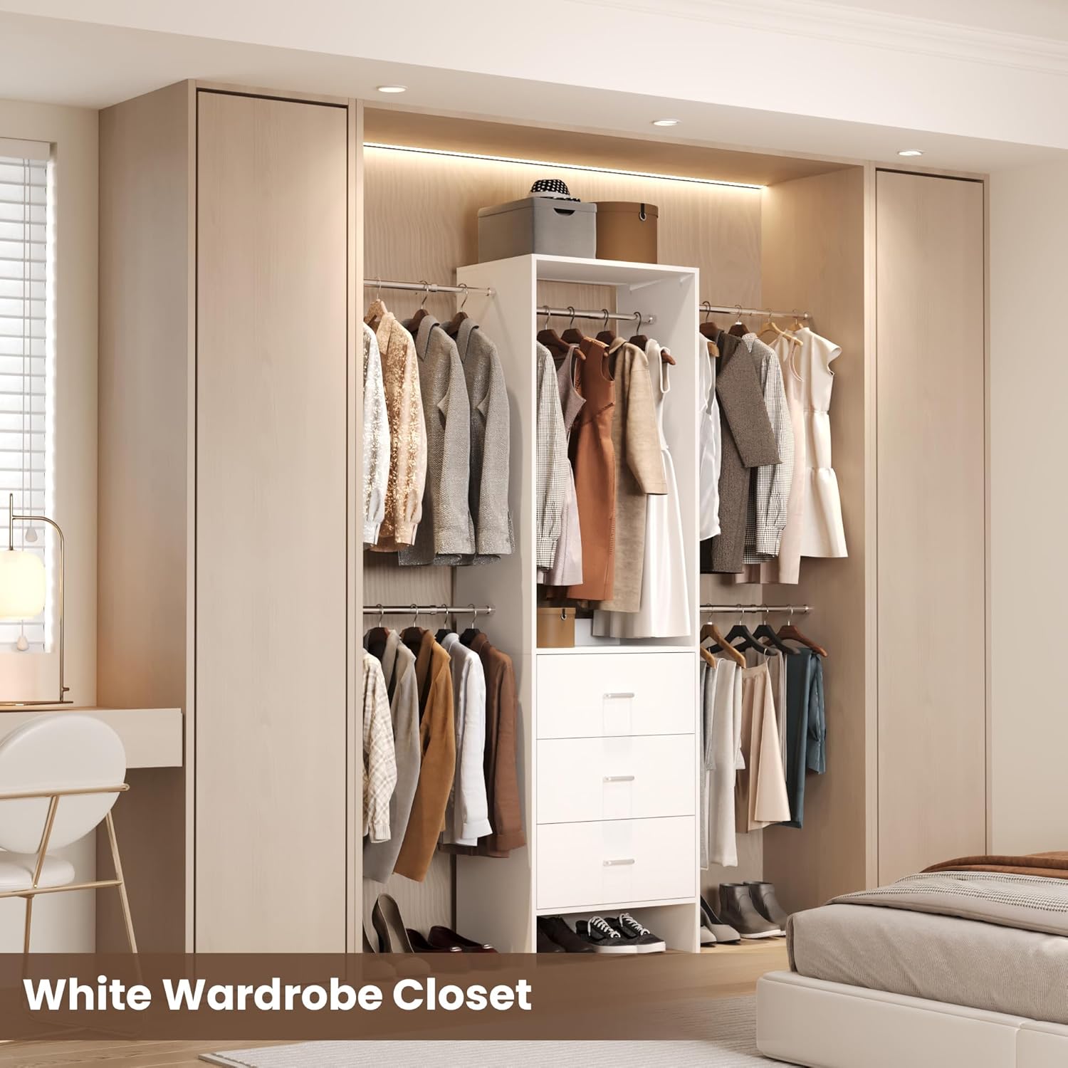 HOMPUS Closet Organizer System with 3 Drawers, 80'' Closet Organizers and Storage, 4-9Ft Adjustable Wall-Mounted Wardrobe System, Walk-in Wardrobe Closet Rack with 4 Hanging Rods for Bedroom, White