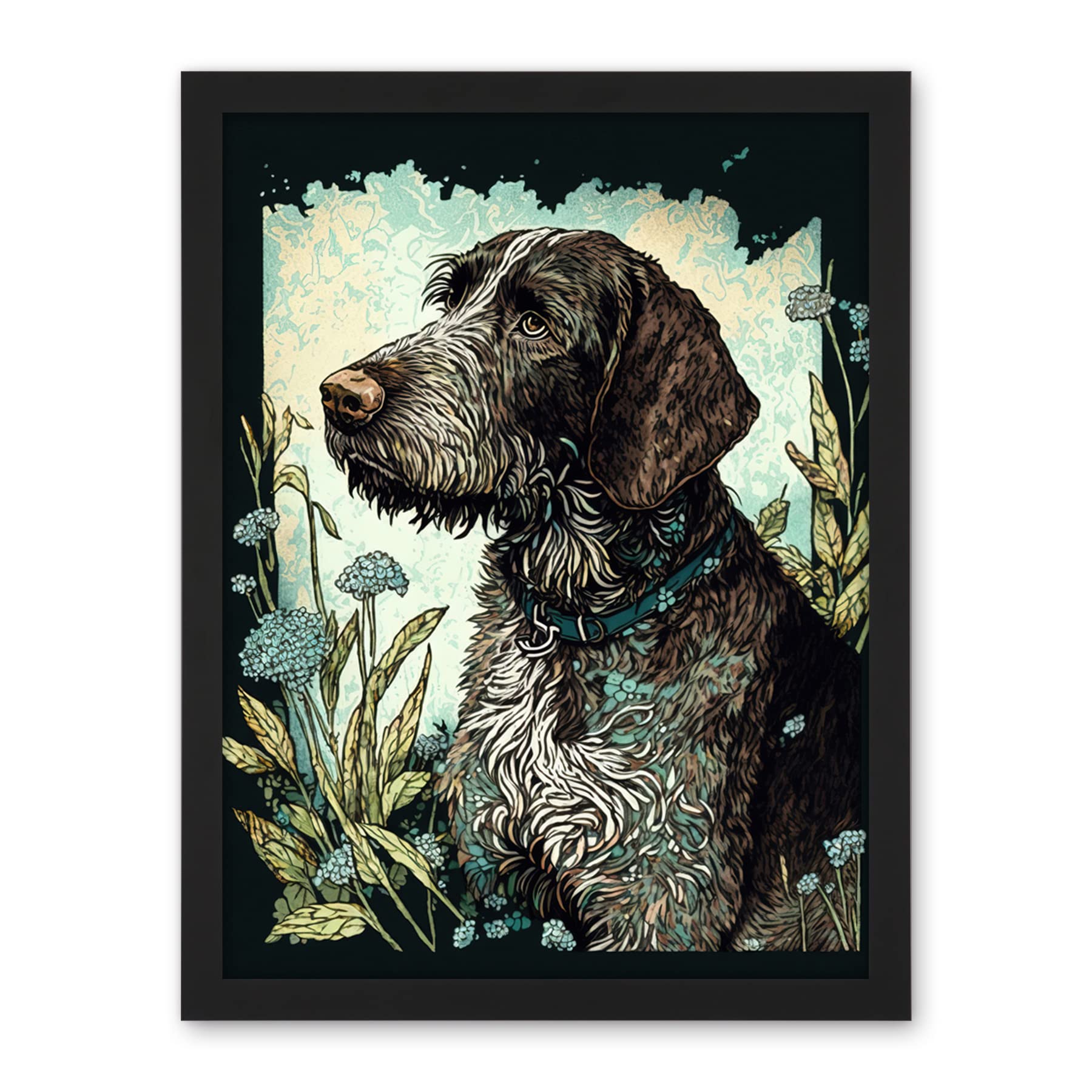 Artery8 German Wirehead Pointer Dog and Blue Wildflowers Modern Portrait Illustration Artwork Framed Wall Art Print 18X24 Inch