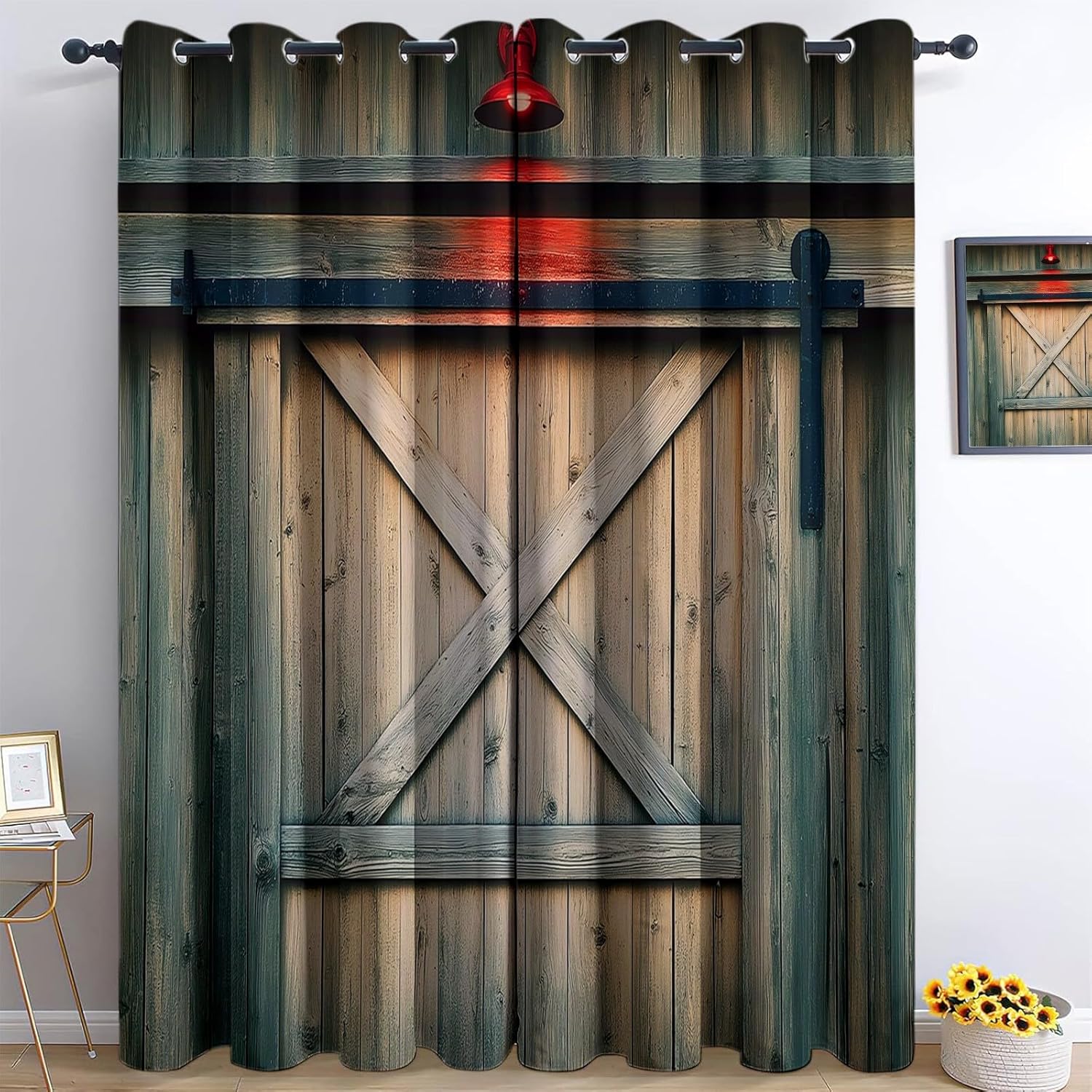 Yellow Print Blackout Curtain, Thermal Insulated Darkening Curtain, Rustic Barn Door Sliding Window Drapes with Grommets for Living Room Dining Bedroom, 43W X 85L Inches Set of 2 Panels