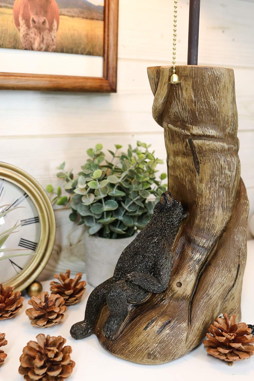Ebros 'Summer Naps' Rustic Forest Black Bear Sleeping On Tree Log Hand Painted Resin Desktop Table Lamp with Faux Leather Shade Country Western Cabin Lodge Cottage Home Decor Accent