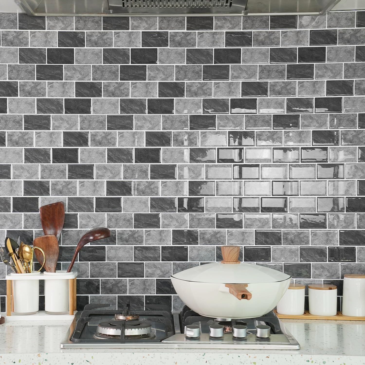 10 Sheets Marble Effect Tile Stickers, Peel and Stick on Tiles for Kitchen Bathroom, Vinyl Wall Self Adhesive Tile Decals Covers Waterproof (Grey) — image 1