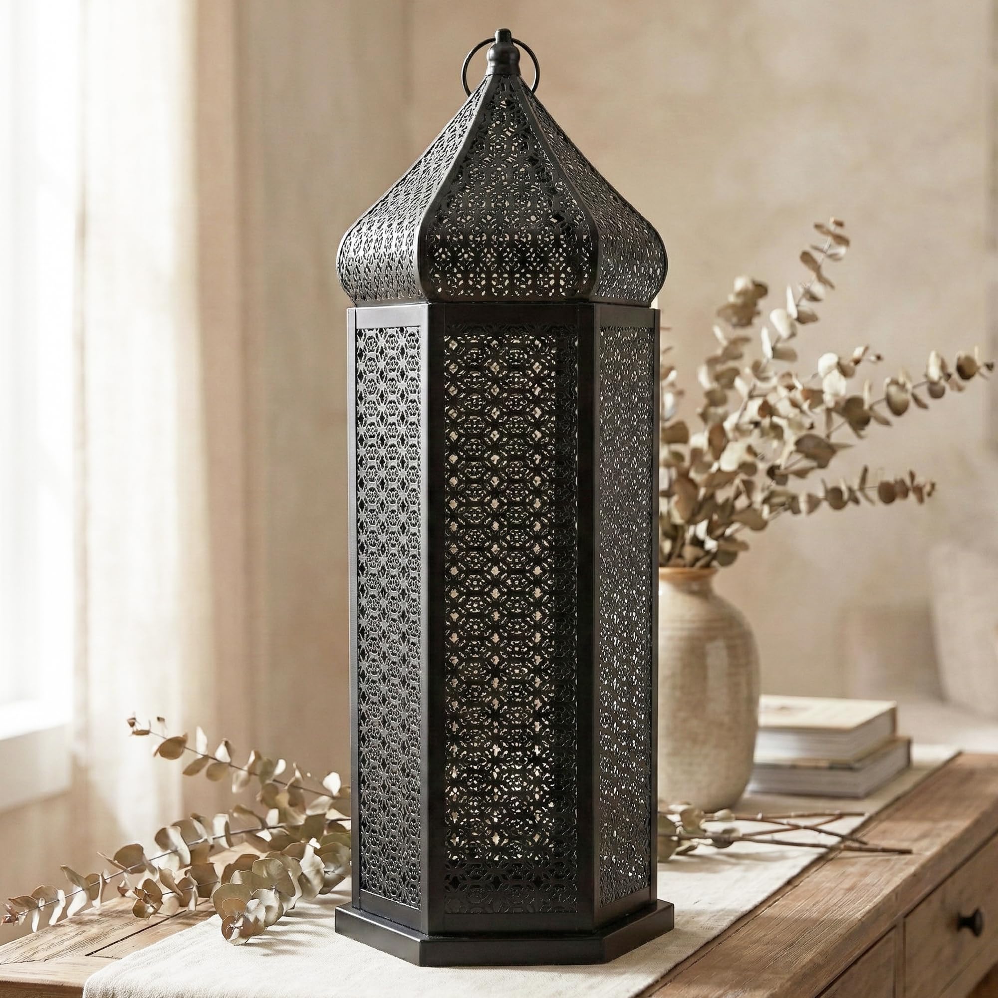 VELA LANTERNS 53cm Extra Large Tower Temple Moroccan Lantern Lamp Decorative Candle Holders for Ramadan Decorations, Hanging, Outdoor Patio or Porch, Indoor Home Decor, Black