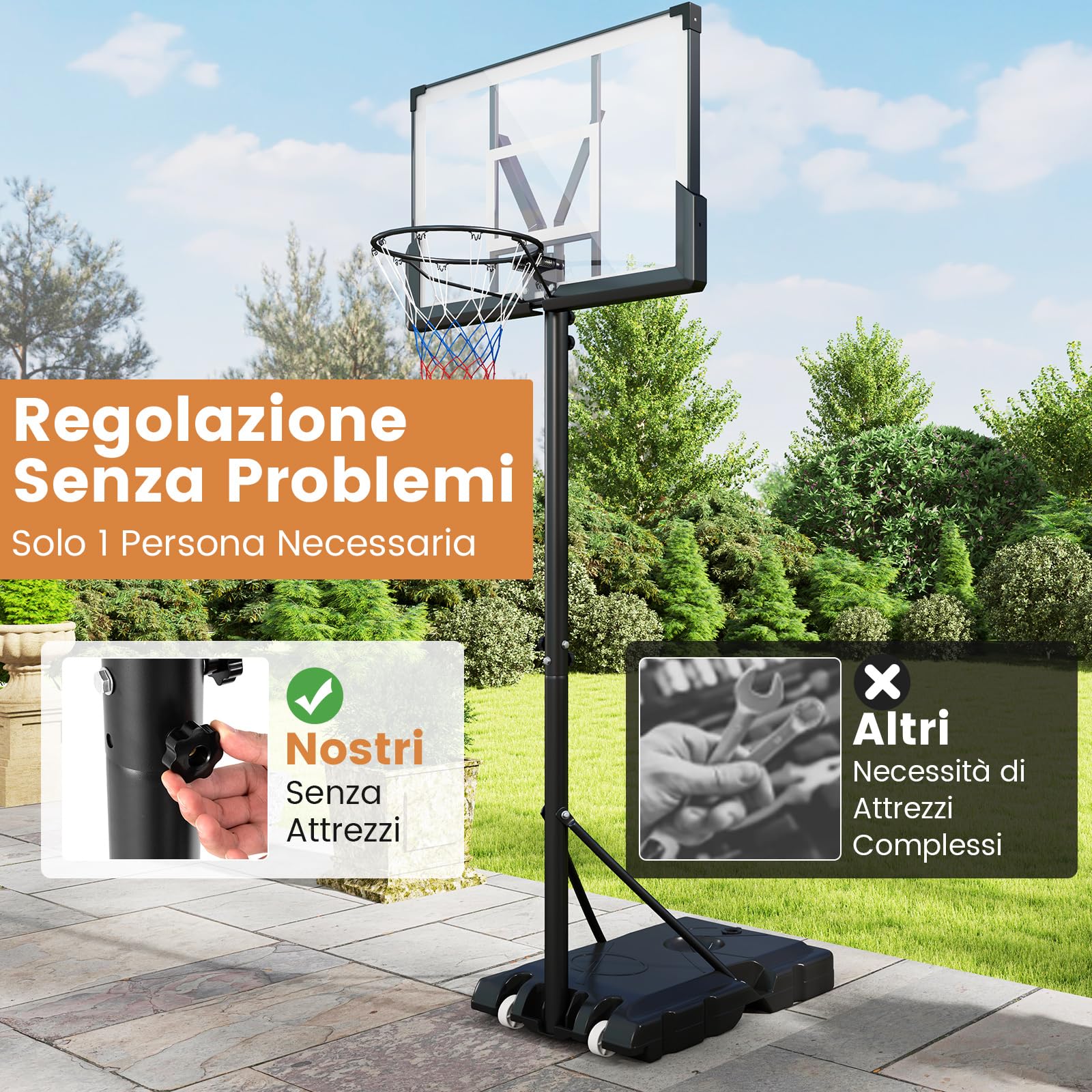 COSTWAY Canestro da Basket Regolabile 160-305 cm in Altezza per Adulti, Canestro con Piantana a Ruote, Canestro con Asta e Base Riempibile per Interno ed Esterno, Nero