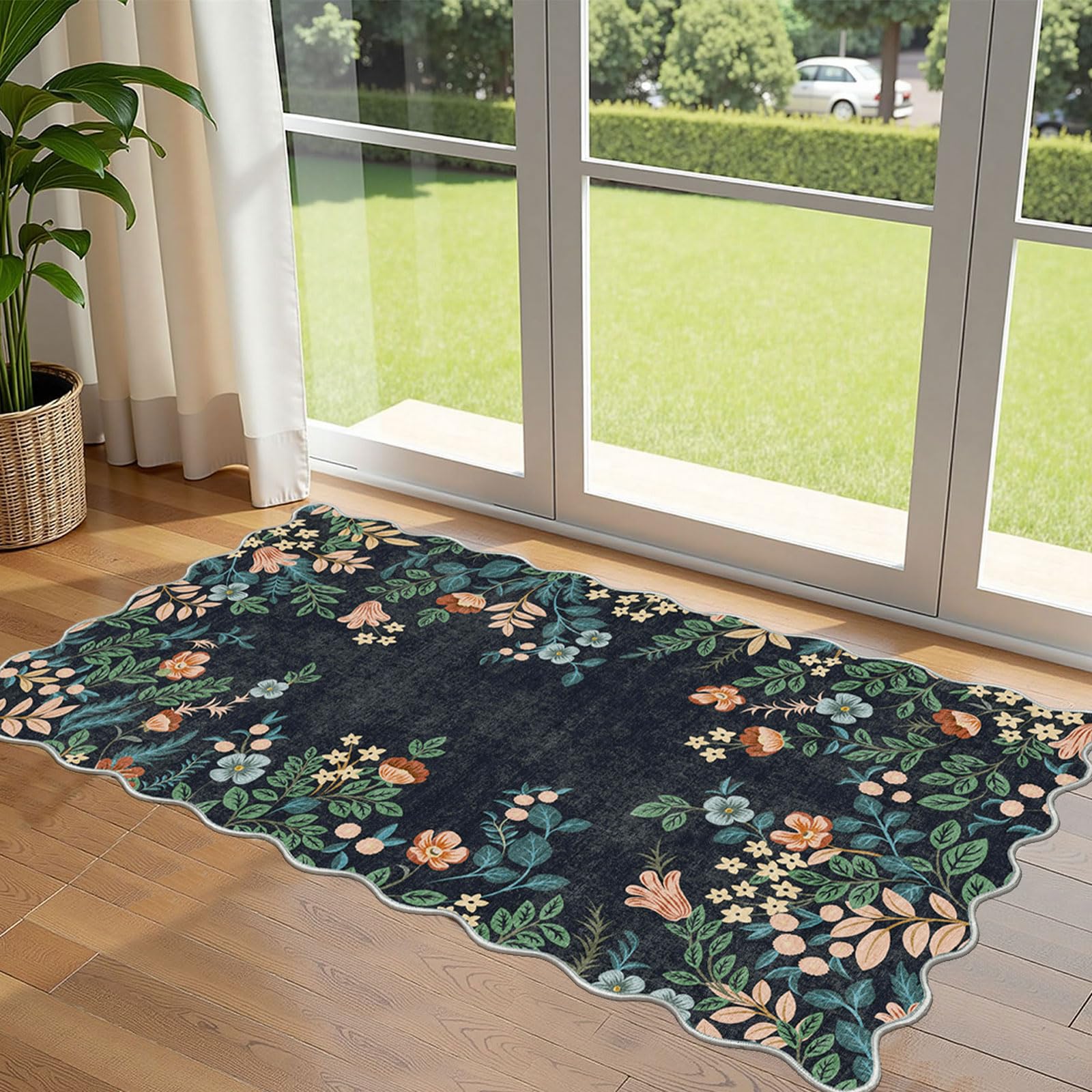 Othilic Front Door Mat Indoor Entrance - 2x4.3 Ft Black Floral Washable Layered Doormat Outdoor Entrance Porch Rug Non-Slip Boho Runner Rug for Kitchen Hallway Bedroom Laundry Room Porch Decor — image 1