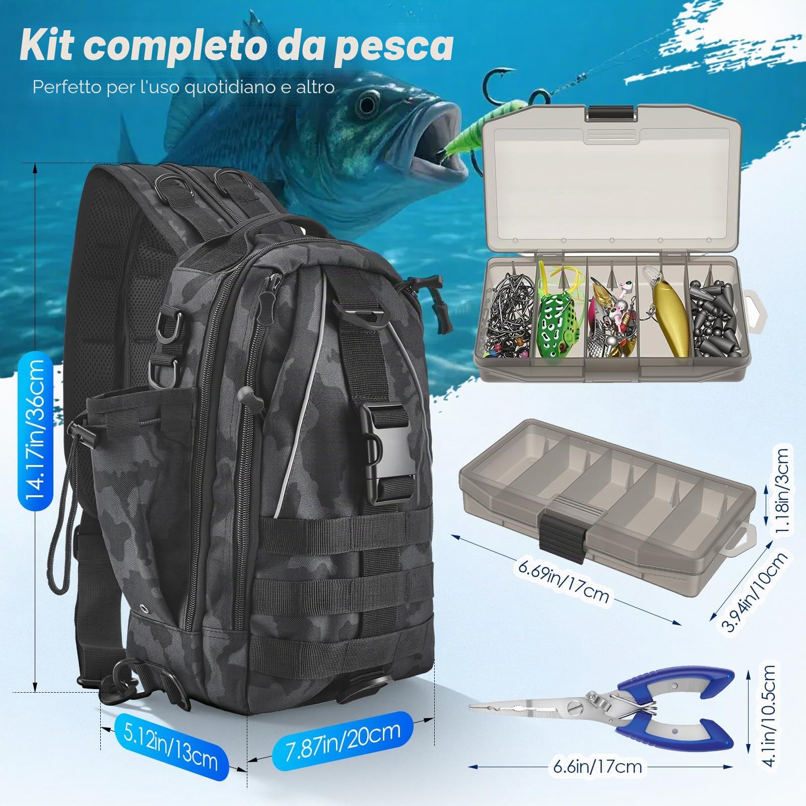 Set da pesca completo, 209 pezzi, zaino da pesca impermeabile da 40 l, con scatole, pinze da pesca, rimozione di ganci per pesca, campeggio, escursioni, pesca, scatole per esche e altro
