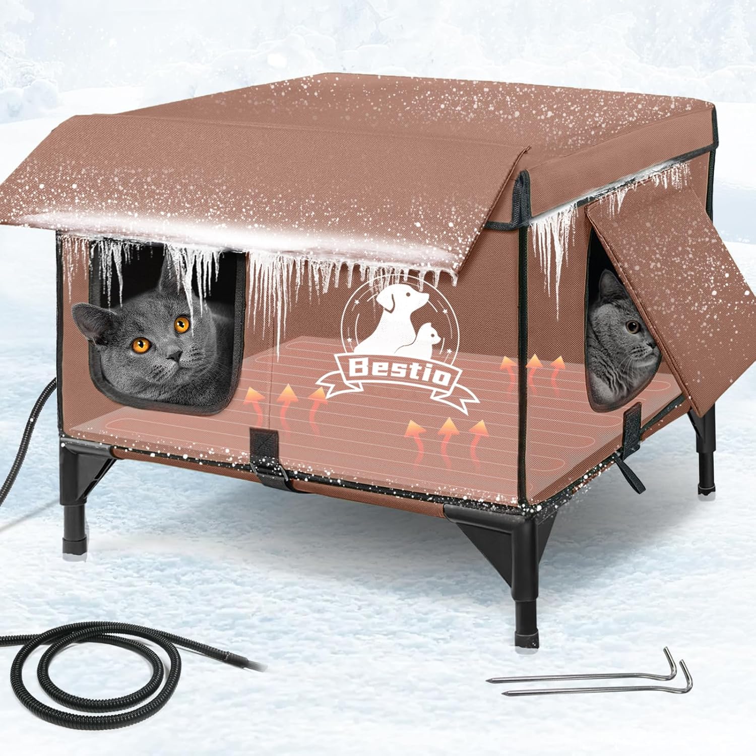 Bestio Ourdoor Heated Cat House for Outside, Insulated Cat House Outside Weatherproof Outdoor House for Ferals,Built-in Heating Pad and Safety Escape Door Clawsable Kitty Shelter - Brown Large