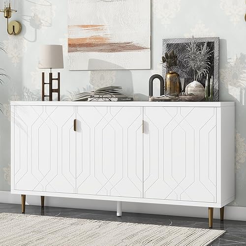 LUMISOL Armario de buffet moderno con base de metal dorado, aparador de cocina con estantes ajustables, armario de almacenamiento de madera para