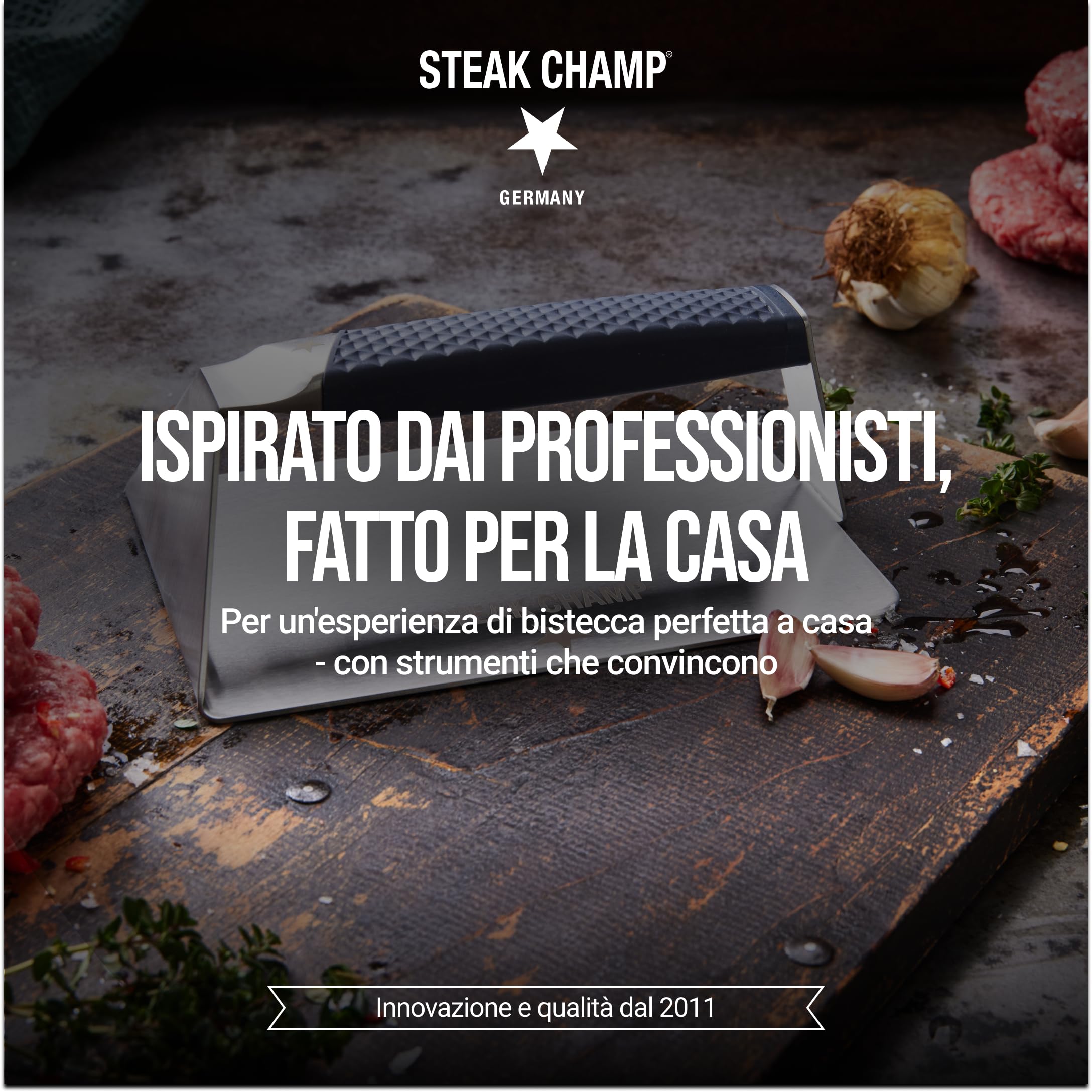 Steakchamp Burger & Steak Pressa XXL: Pressa per Grill e Hamburger per croste croccanti, Pesi per Sandwich e Carne, con Manico Antiscivolo