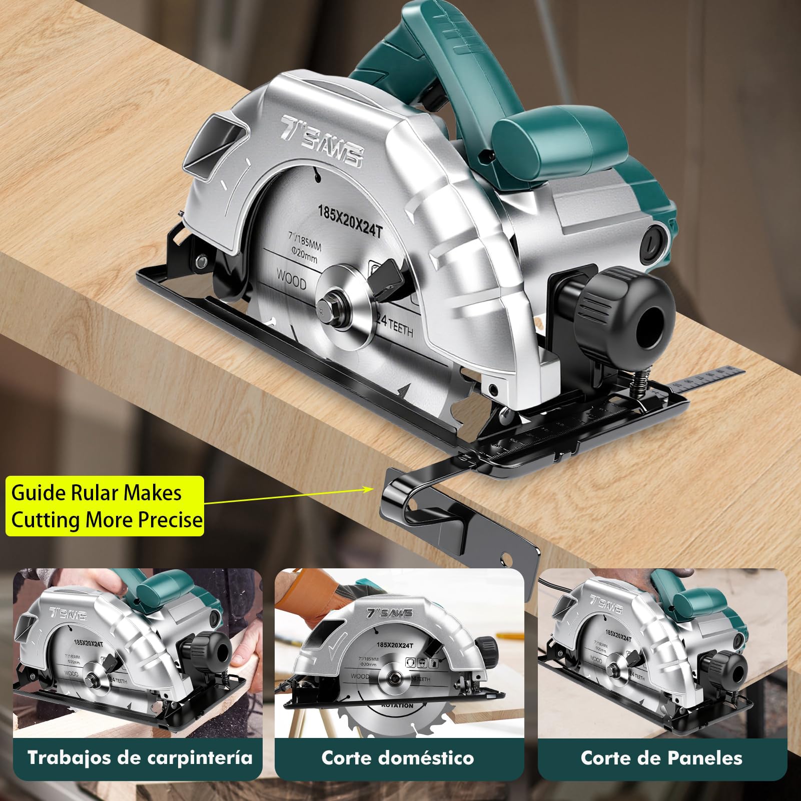 Sierra Circular Eléctrica de 1200 W, 220V 5200 Rpm Potente Velocidad Variable Ángulo Y Profundidad Ajustables, Con 3X Hojas de 185mm 24T/40T/60T, para Carpintería Doméstica, Tubos de Pvc