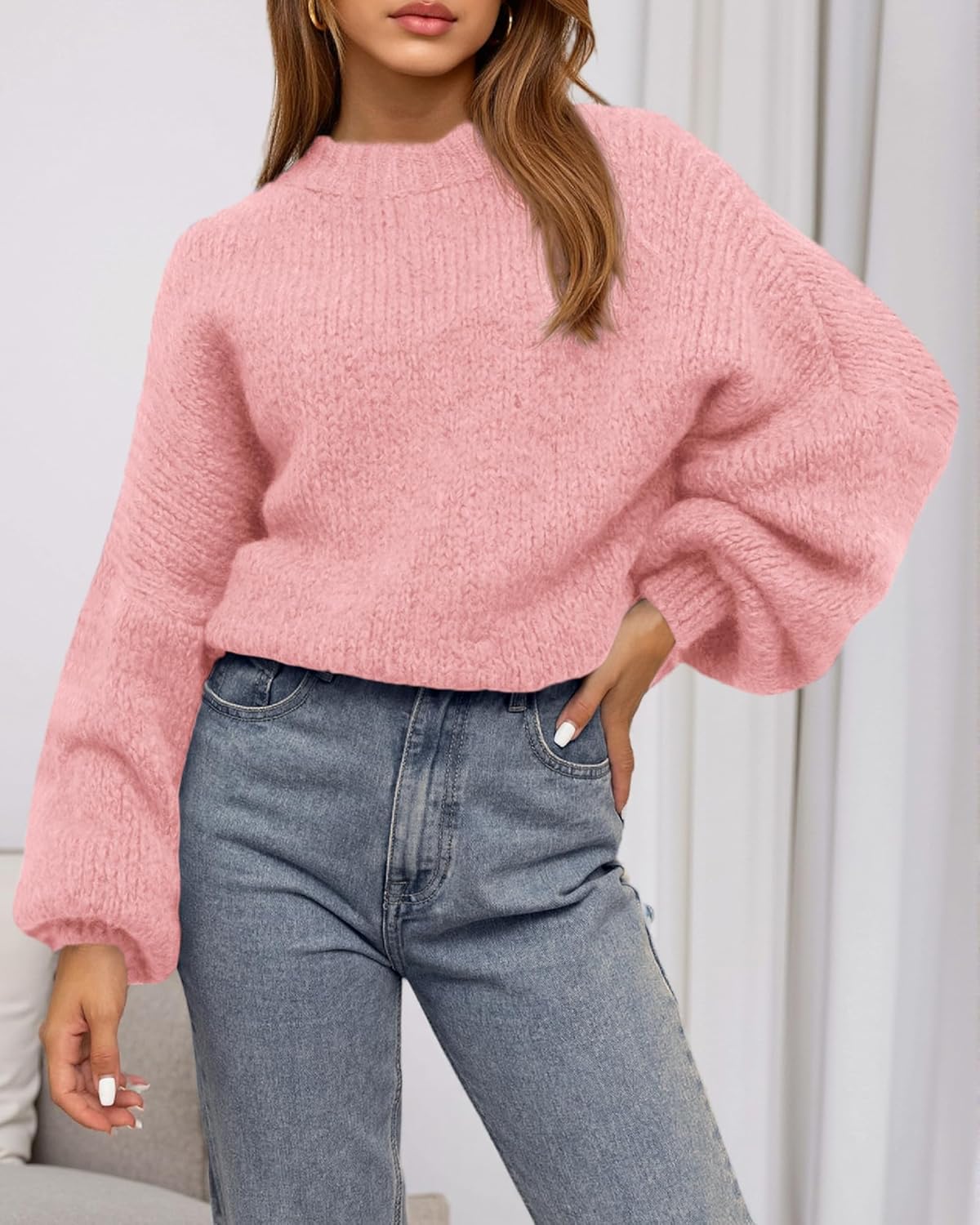 BTFBM Sweaters for Women Fall 2026 Crew Neck Lantern Long Sleeve Oversized Sweater Casual Knit Winter Pullover Tops - Image 5