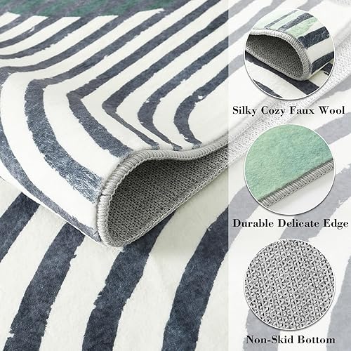 Miniatura 3 de Wonnitar Alfombra bohemia de 5 x 7 pies, color verde, para sala de estar, moderna, abstracta, suave, para dormitorio, lavable a máquina, alfombra