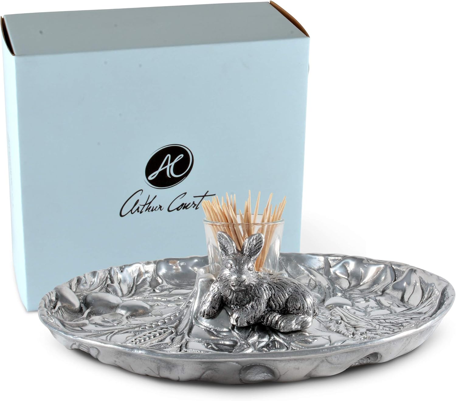 Arthur Court Aluminum Metal Rabbit Bunny Pattern Tidbit Cheese Hors d'oeuvres Tray with Glass for Toothpick - Durable Metal Silver Easter Entertaining 10.5 inch Diameter x 2.5 inch Tall