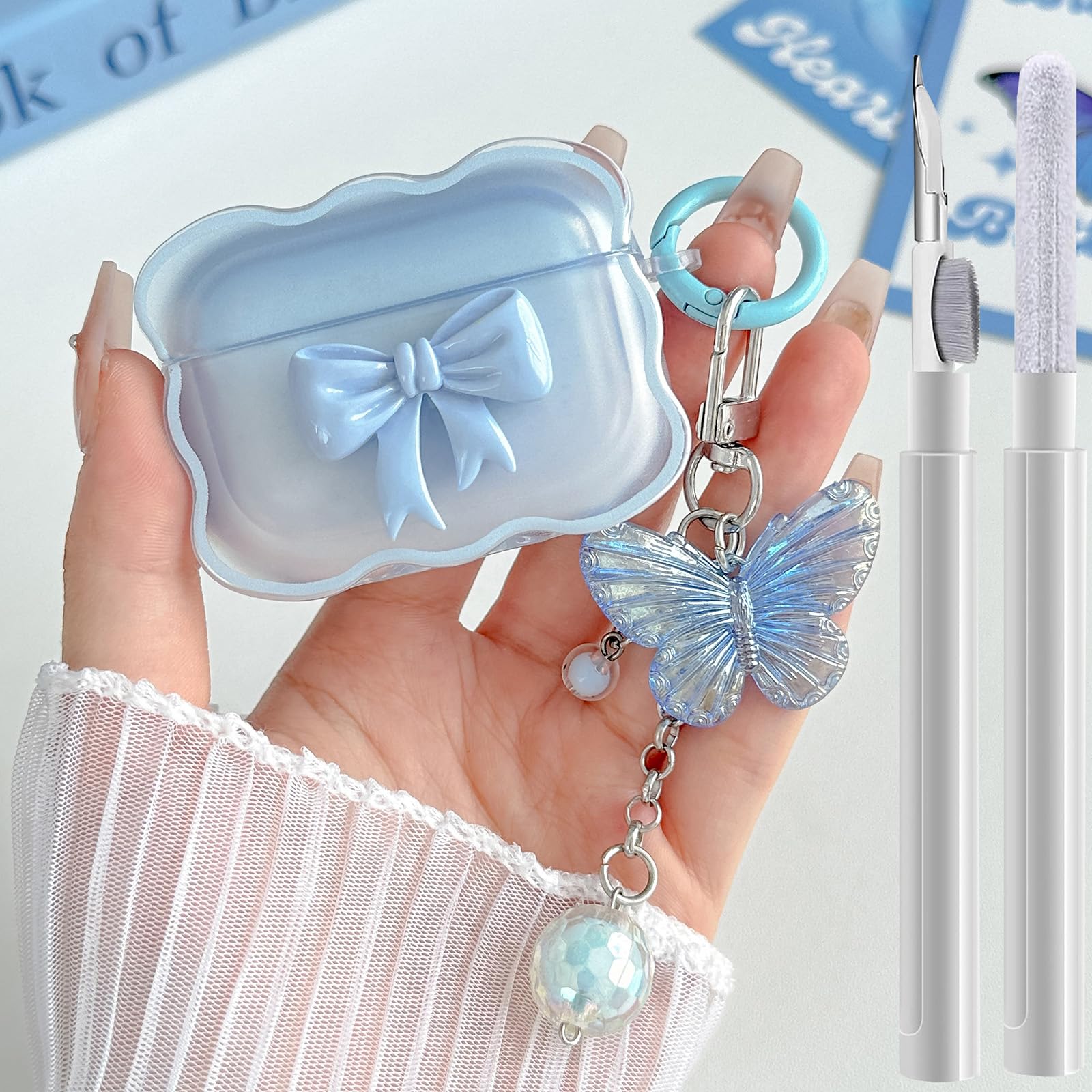 Compatible with AirPods Pro 2/1 Clear Case SkyBlue, 3D Bow Pattern Desiged iPods Pro 2 Cases with Cute Butterfly Keychain, Soft TPU Protective Case