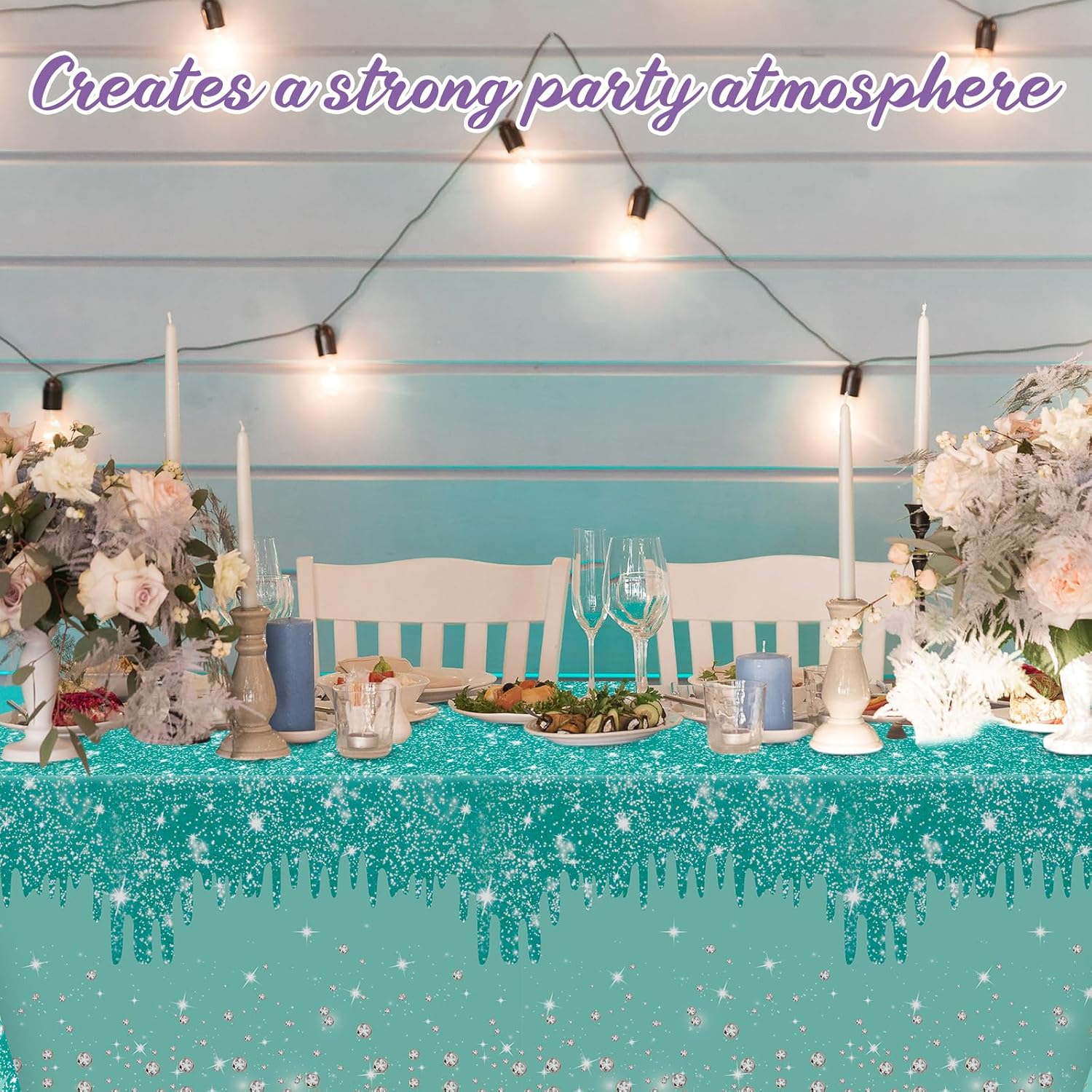 Ganeen 3 Pcs Teal and Silver Tablecloths Glitter Sparkling Disposable Plastic Table Cover Sequin Printed Rectangle Tablecloths for Women Birthday Wedding Party Decor Supplies, 54 x 108 Inch