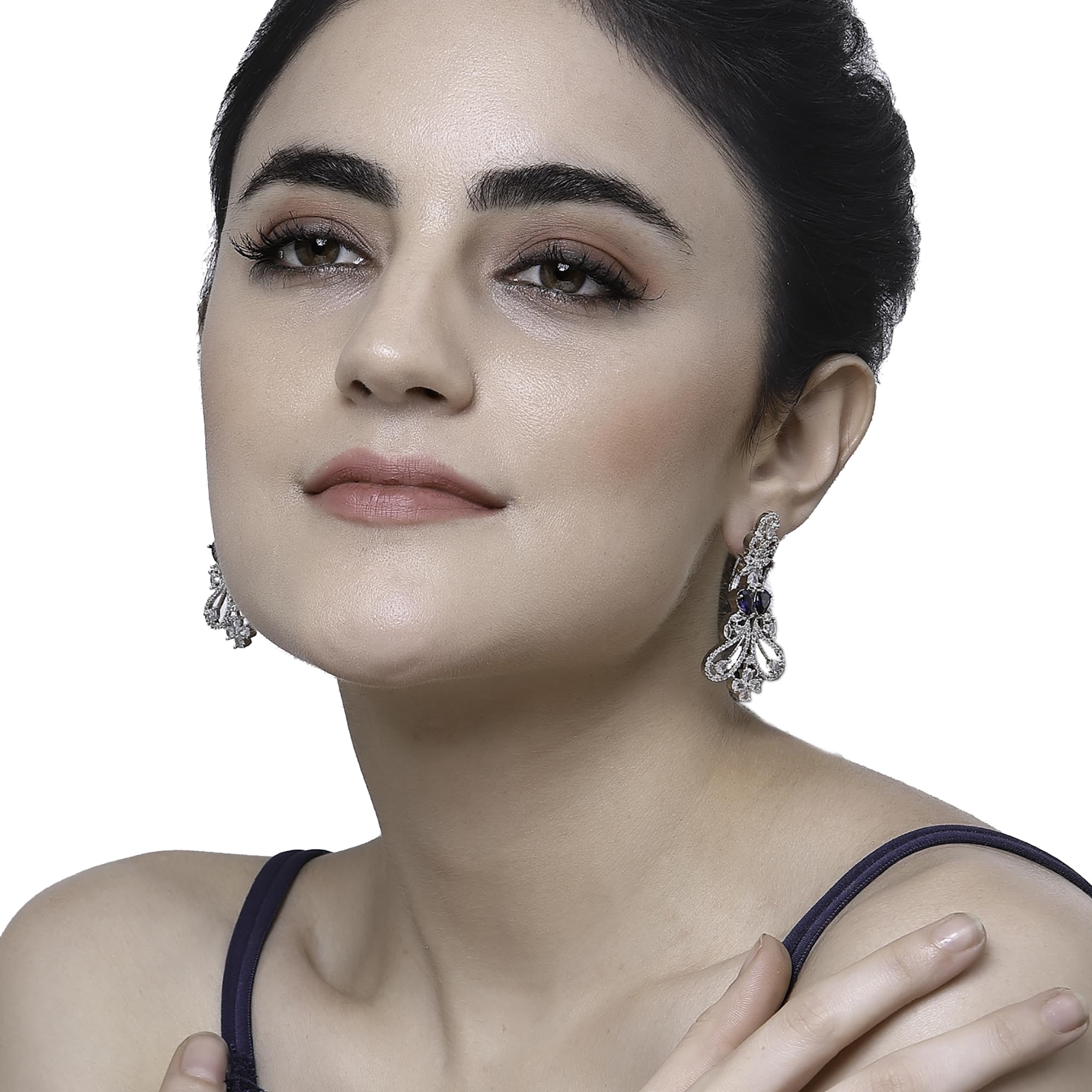 Rhodium-Plated Drop Earrings with American Diamonds