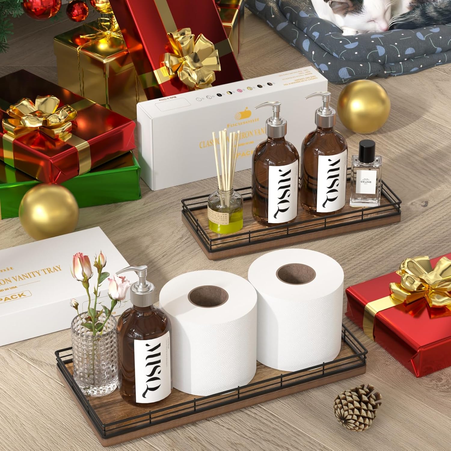 Acacia Bathroom Toilet Tank Tray, 13" Wood Toilet Paper Storage Basket Back of Toilet Basket Organizer, Vanity Tray for Perfume Makeup Candle Kitchen Counter Coffee Table Decor - Image 7