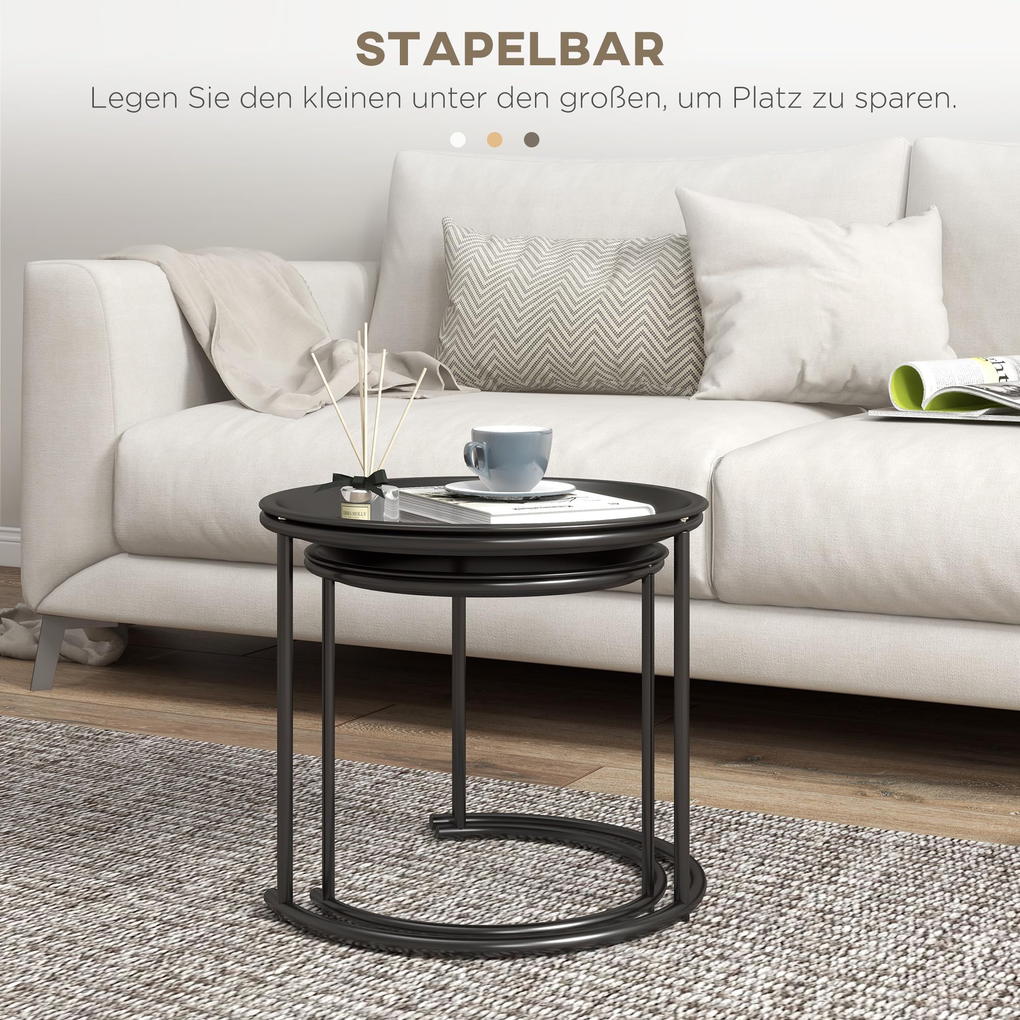 HOMCOM Couchtisch Rund 2er Set, Stapelbar, Wohnzimmertisch in Schwarz